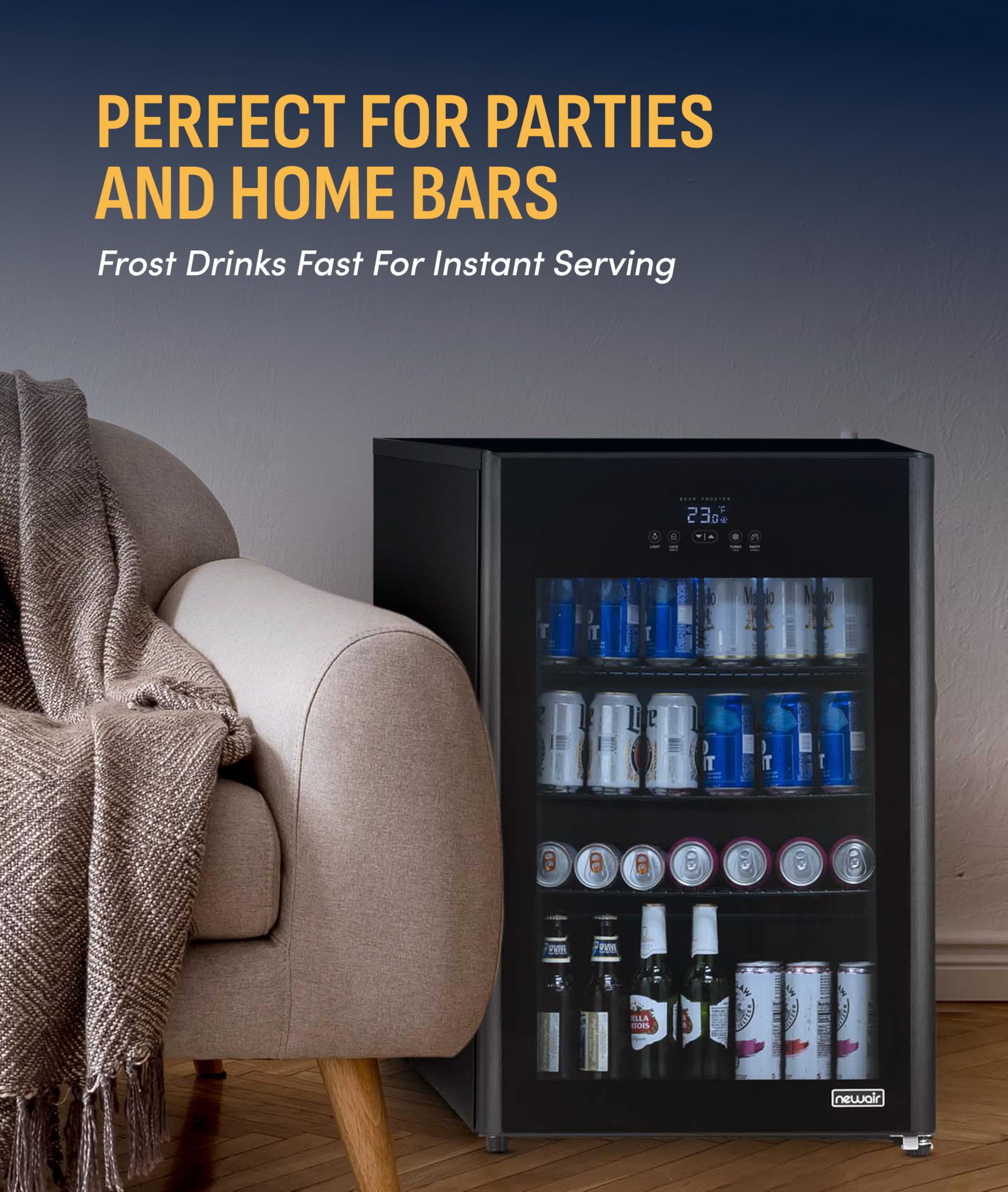 NewAir 125-Can Beer Froster | Ultra-Cold Mini Fridge for Bedroom, Gaming or Office | 23°F Beverage Cooler with Turbo & Party Mode | Black on Fridge.com
