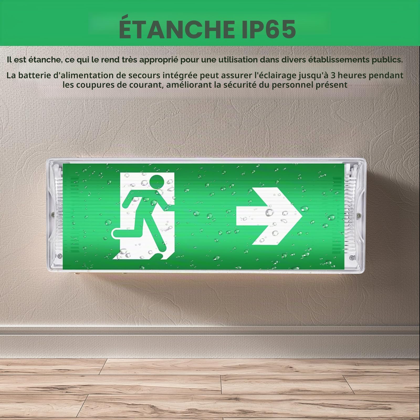 Éclairage de Secours LED IP65 Étanche avec Batterie 3 Heures - Lumière de Sortie d'Urgence avec 4 Pictogrammes pour Tous
