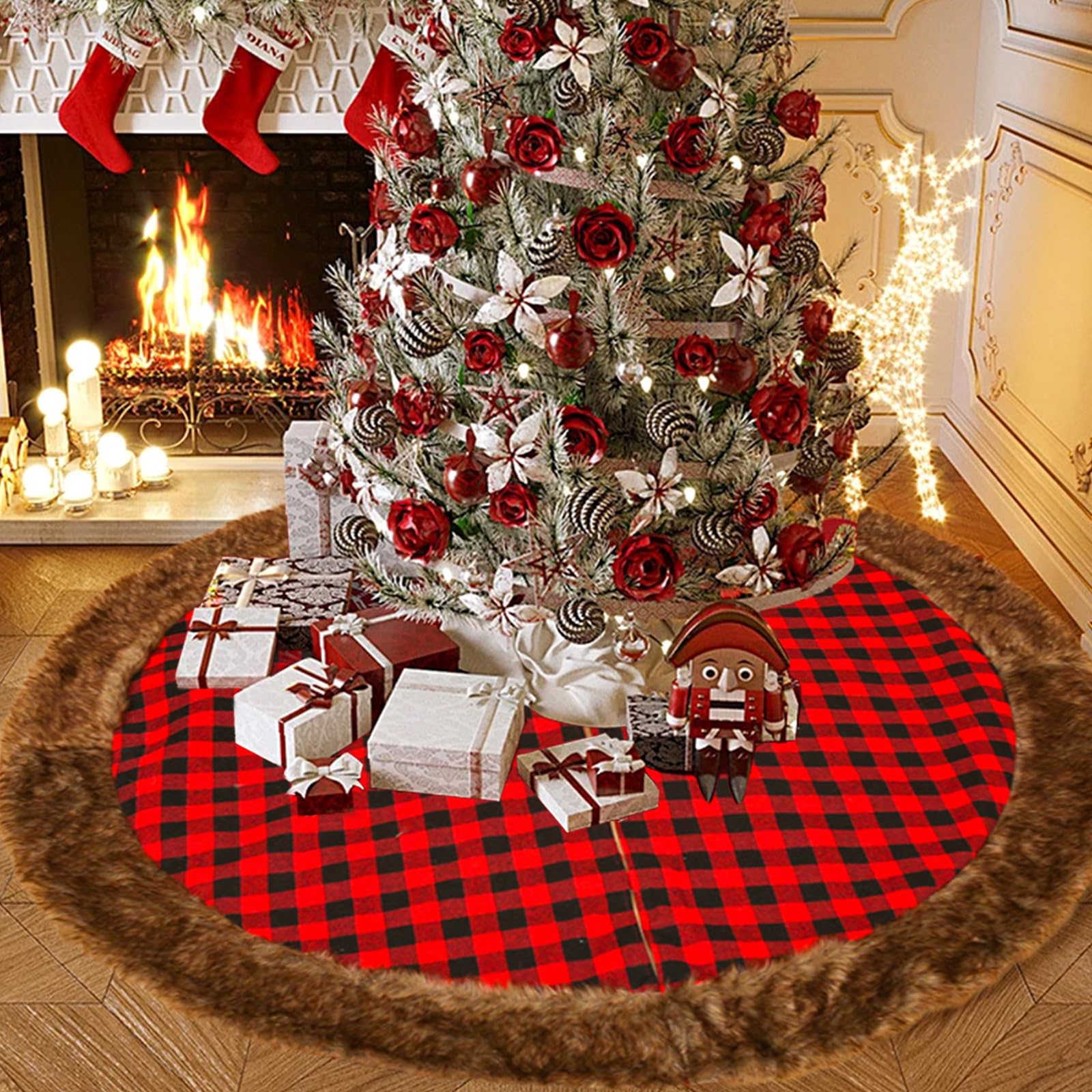 Gonna per albero di Natale, 122 cm, motivo scozzese di bufalo rosso e nero, con tela, decorazione per albero di Natale, include tappetino per albero di Natale, Capodanno, ornamento per albero