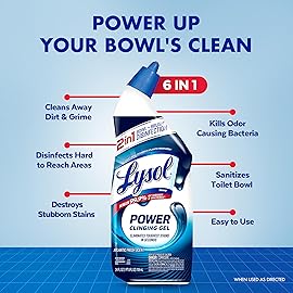 Lysol Toilet Bowl Cleaner, Max Strength Bathroom Cleaning Supplies, Toilet Bowl Cleaner Clinging Gel, Home Essential, Instant Stain Removal, Disinfecting and Deodorizing, Bleach Free, 24 oz (4ct)