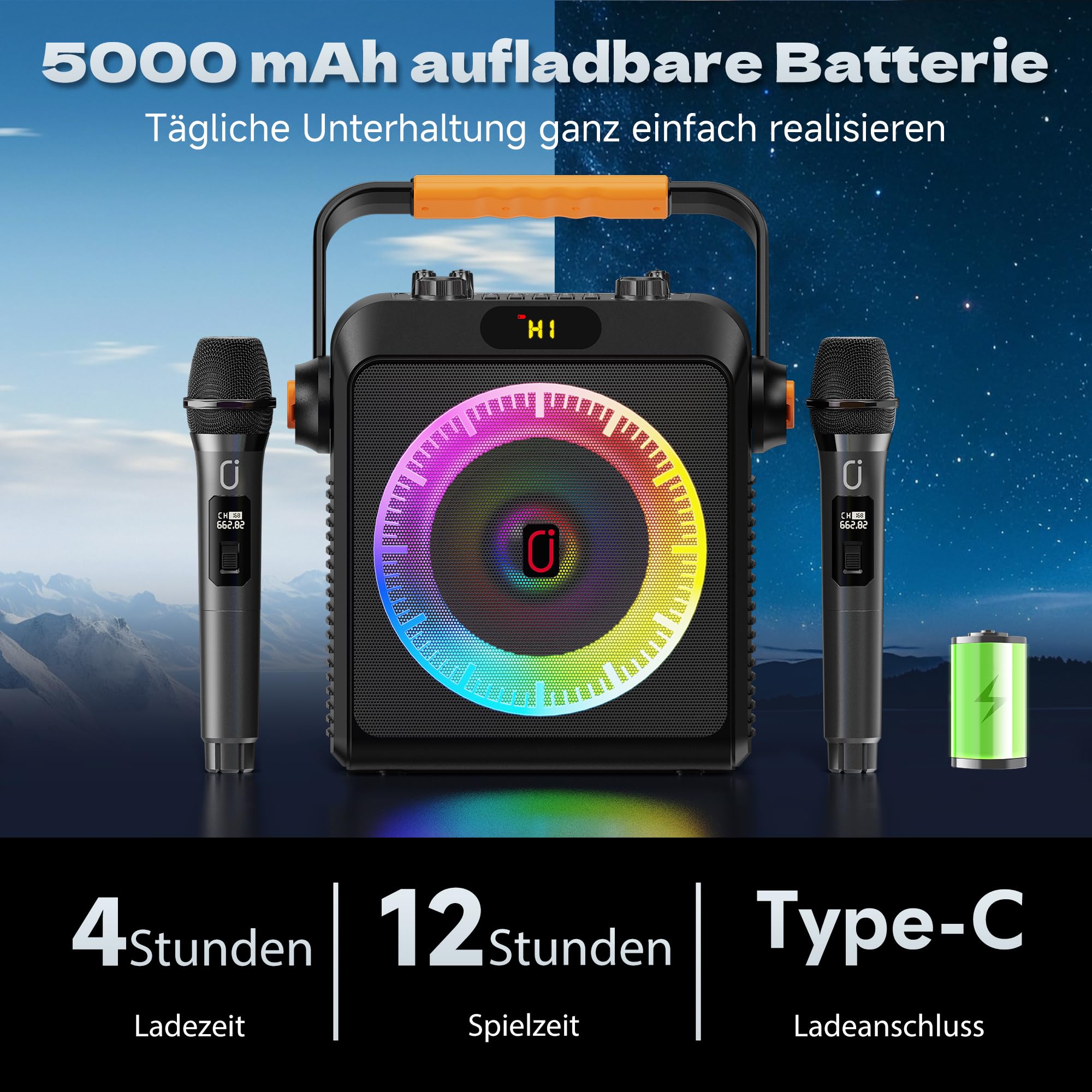 JYX Karaoke Anlage mit 2 Mikrofonen, Karaoke Maschine & tragbare Karaoke-Box mit Bluetooth 5.3, Bass- & Echo-Regler, TWS, USB, AUX, TF-Karte, für Partys und Outdoor, für Erwachsene und Kinde