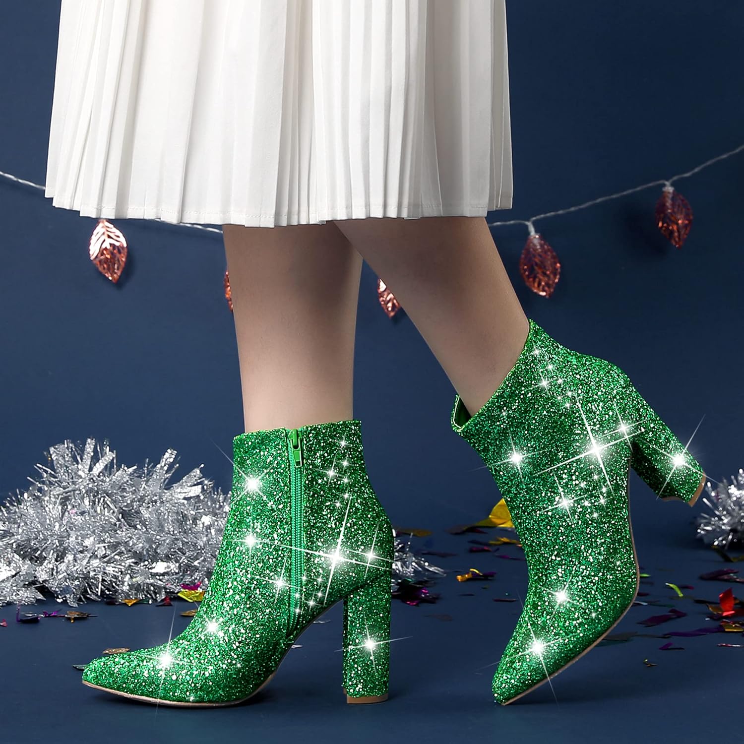 Perphy Glitter Pointed Toe Chunky Heels Sparkly Booties Ankle Boots for Women