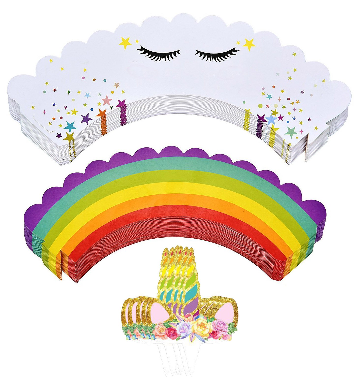 PartyFuFu Unicorn Cupcake Toppers and Wrappers Double Sided Kids Party Cake Decorations Set of 24