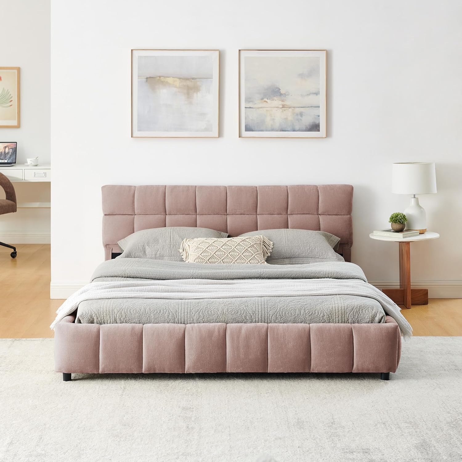 Queen Size Upholstered Bed,Comfortable upholstered Bed Frame, Chenille Fabric, with headboard and Solid Bed Frame. with Drawer for Storage.-Pink(88.5''*68.5''*31'')