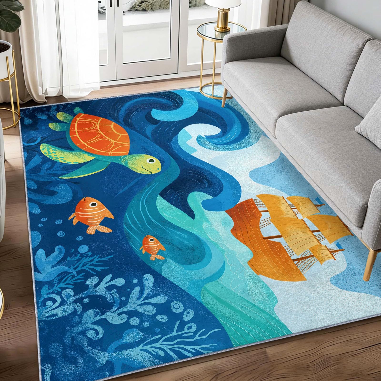 Alfombra suave antideslizante 120 x 170 cm barco pirata de dibujos animados olas tortuga alfombra de dormitorio pelo Ras, tema marítimo antideslizante moqueta, para dormitorio, pasillos, salón cocina