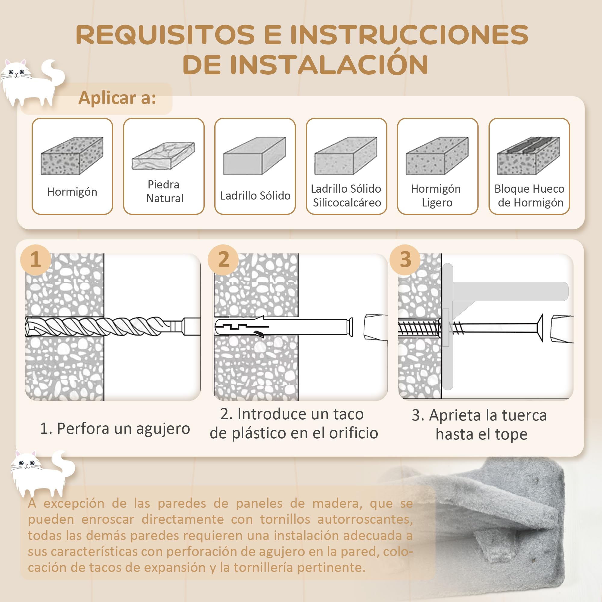 PawHut Estante de Escalada para Gatos de Pared con Hamaca 4 Piezas Gris | Juego de Estantes para Gatos, Nido Rascador, Plataformas para Saltar, Poste de Sisal