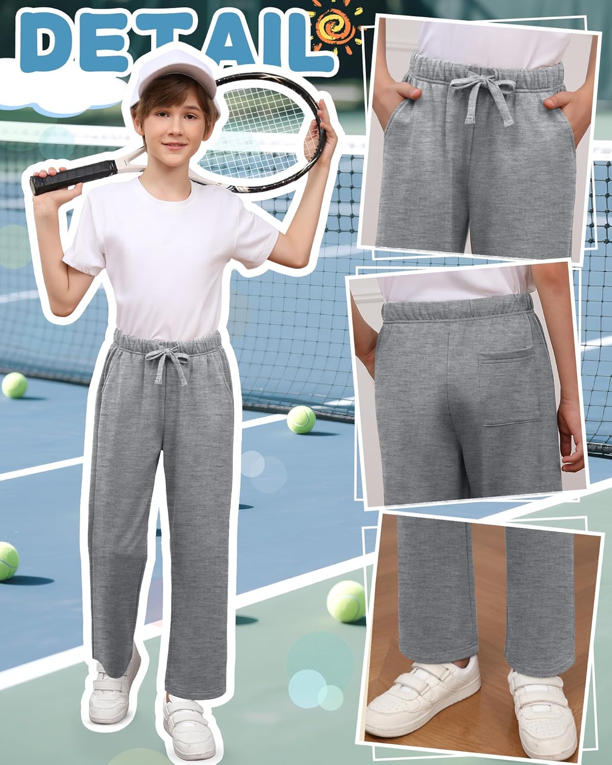 3 Pack Boys Sweatpants Straight Leg Athletic Open Bottom Joggers Workout Elastic Drawstring Kid Pants with Pockets - Image 4