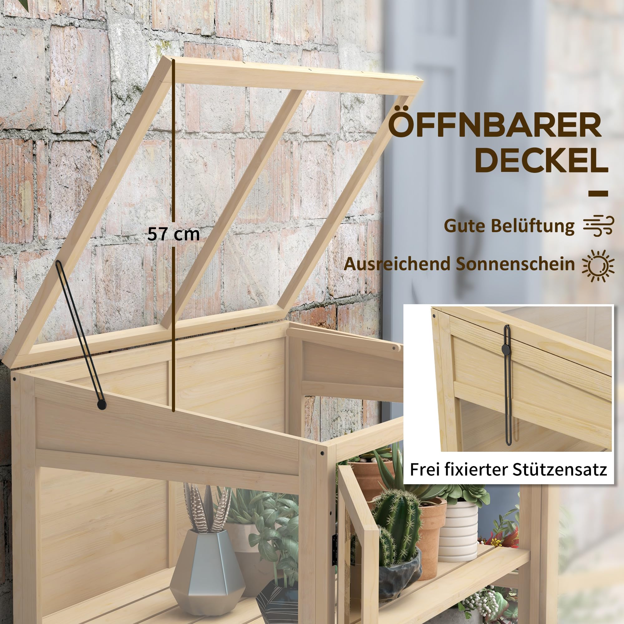 Outsunny Inspekt z drewna, 2-stopniowe okno dachowe, kolor naturalny, 103 x 61 x 103 cm | Szklarnia, podwyższona grządka, podwójne drzwi, wiatroszczelna szklarnia, na balkon, do ogrodu