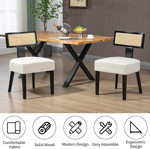 Miniatura 4 de Juego de 4 sillas de comedor de ratán tapizadas de tela moderna de mediados de siglo con marco de madera dura negra, respaldo curvado, silla de