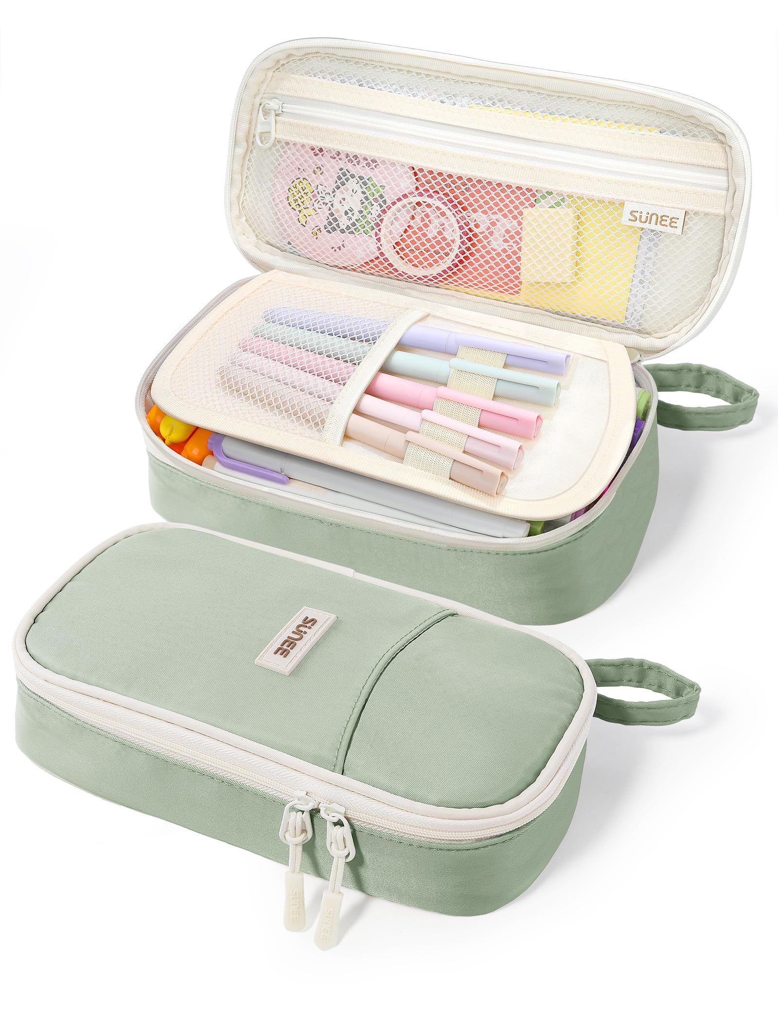 SUNEE Large Capacity Pencil Case with Compartments and Handle, Aesthetic Pen Pouch Organizer, Big Storage Portable Pencil Bag for Girls, Boys, Adults, School and Office Stationery Supplies, Green