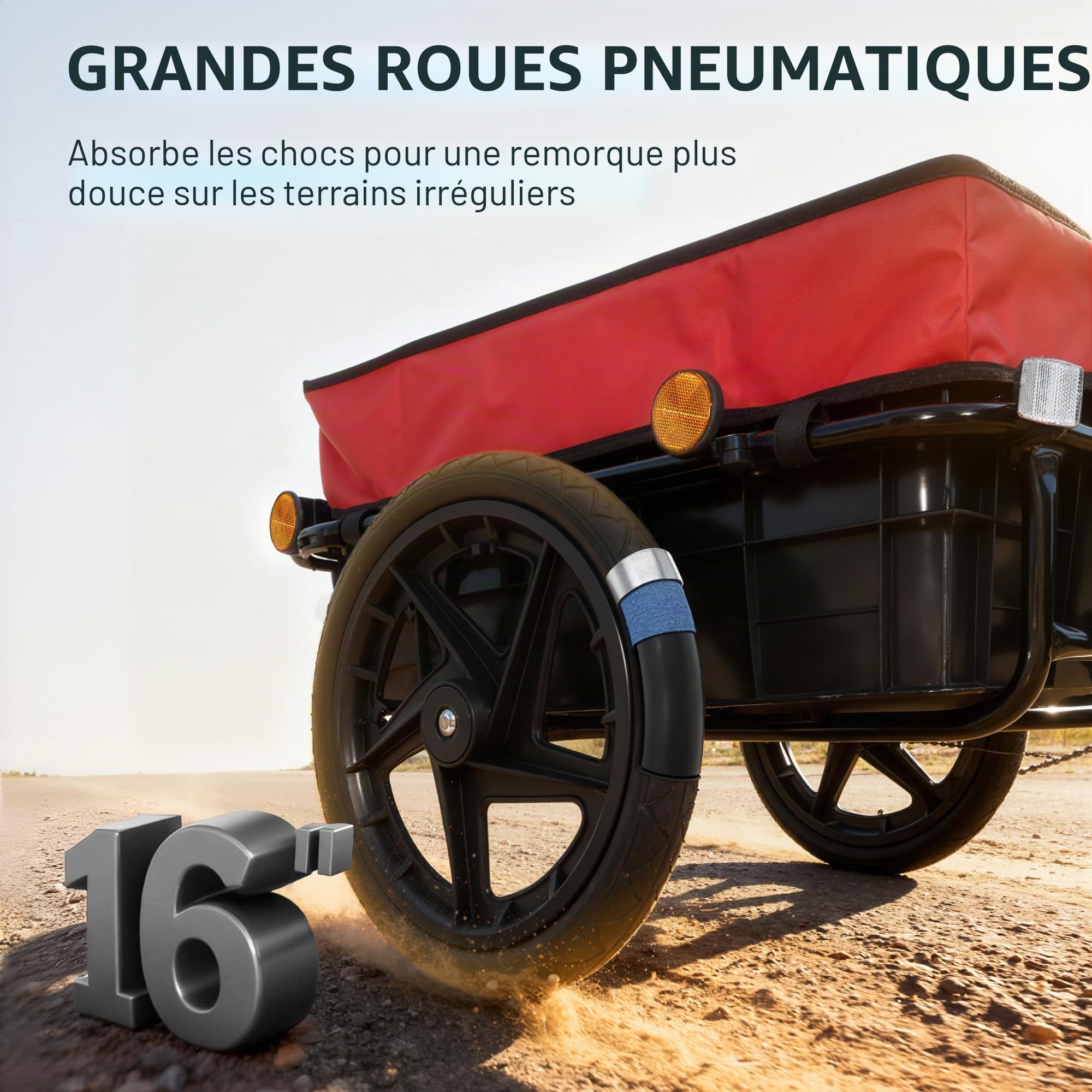 HOMCOM Remorque de vélo pour charge 40 kg, chariot à main avec housse en tissu Oxford imperméable, réflecteurs, cadre en acier et poignées pour transport de bagages, 144 x 59 x 80 cm