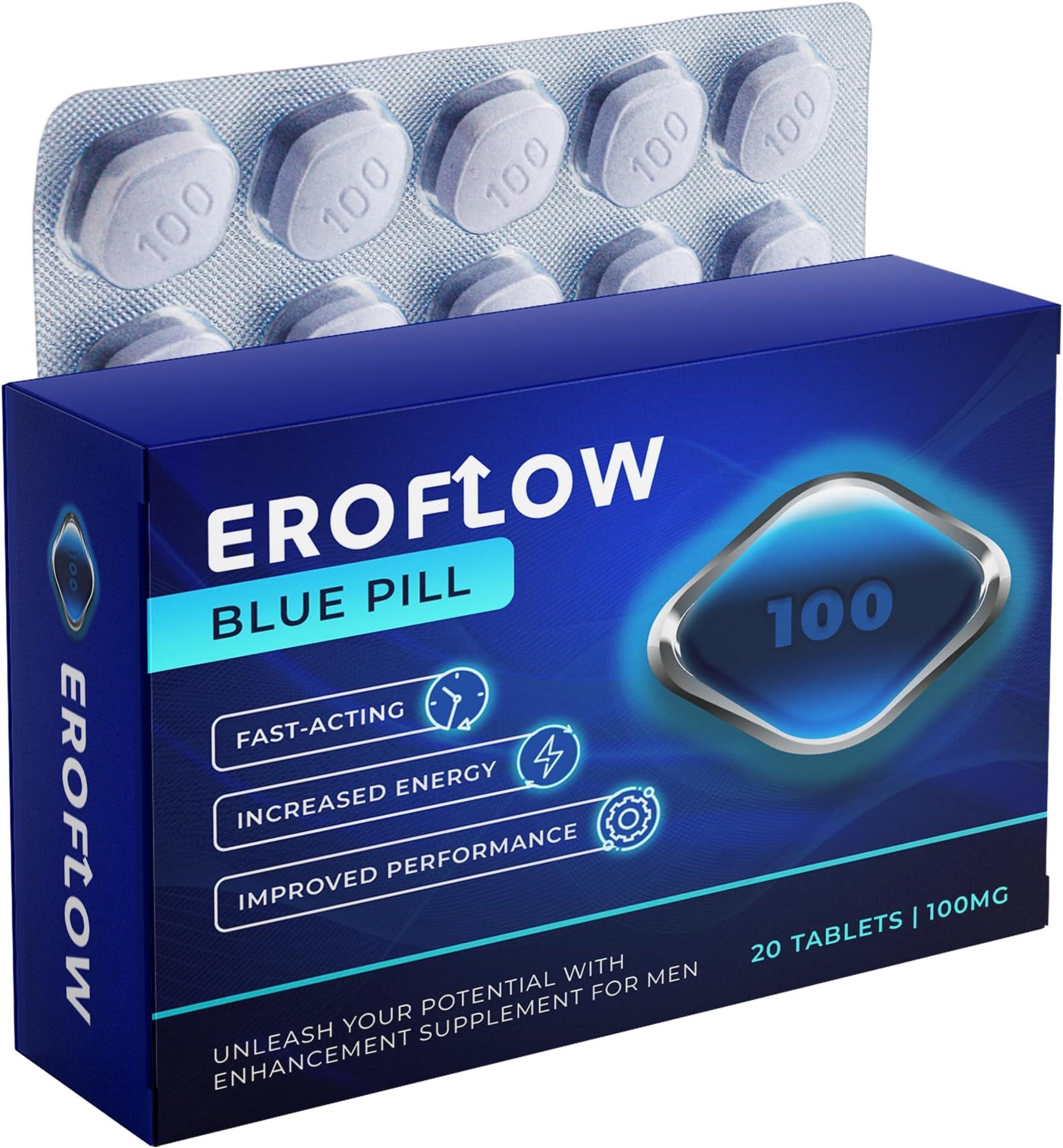 EROFLOW - Blue 20 Pills for Men | 100mg - Natural Supplement for Enhanced Performance & Stamina - Fast-Acting Blue Tablets | Efficiency & Long-Lasting Results