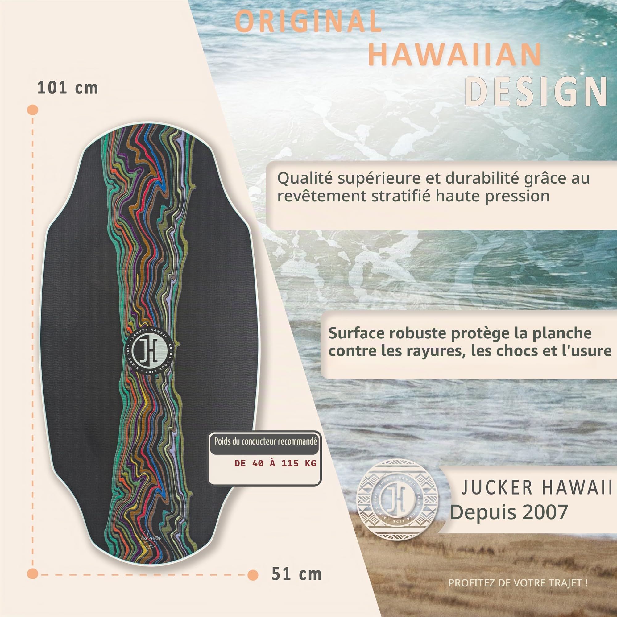 JUCKER Hawaii Skimboard HPL Lahaina Pro - Skimboard Professionnel avec revêtement HPL Double Face et Couche antidérapante EVA - Ultra Rapide, Durable et supporte jusqu'à 115 kg