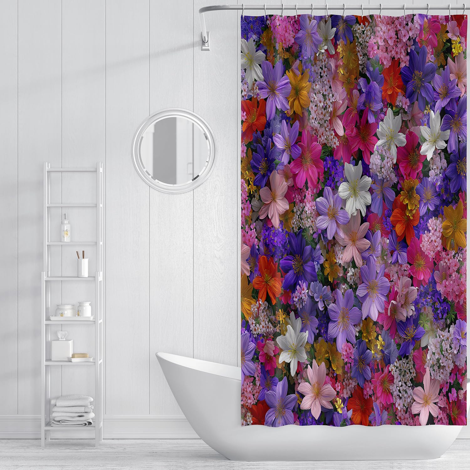 Cortina de Ducha Floral,Estilo Pastoral,con Flores Rosas,Amarillas,Blancas y Moradas,Impermeable,con Ganchos de Plástico,Fácil de Instalar y Lavable a Máquina,200Anx200Alcm (1 Panel).