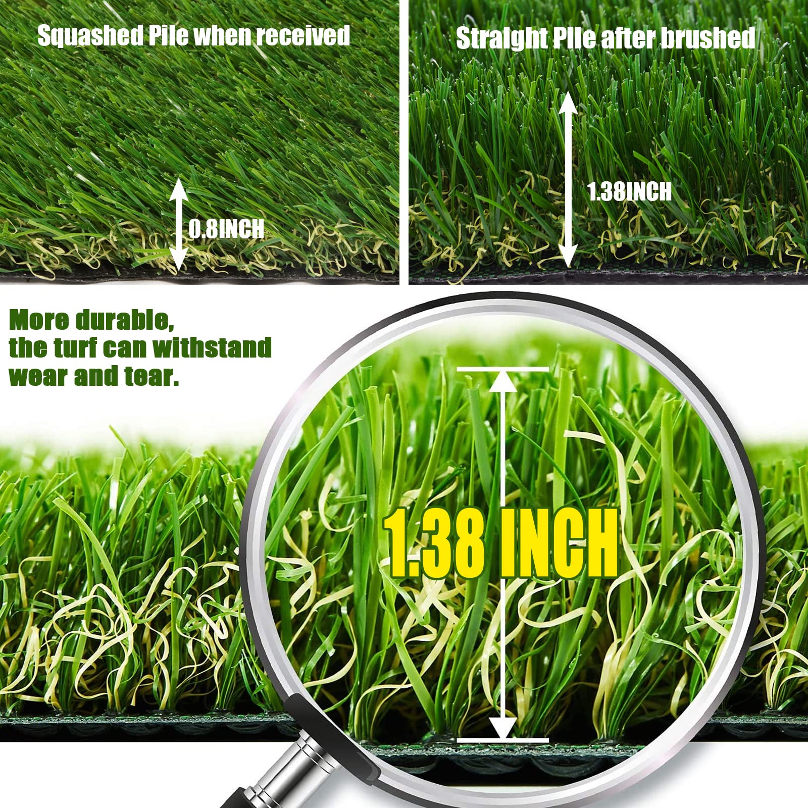 Artificial Grass Synthetic Thick Fake Grass Rug 7 FT x 66 FT, FREADEM Dog Artificial Turf Grass Mat with Drainage, for Outdoor Lawn, Garden, Patio, Landscape, Balcony, Pet Mat, 1.38