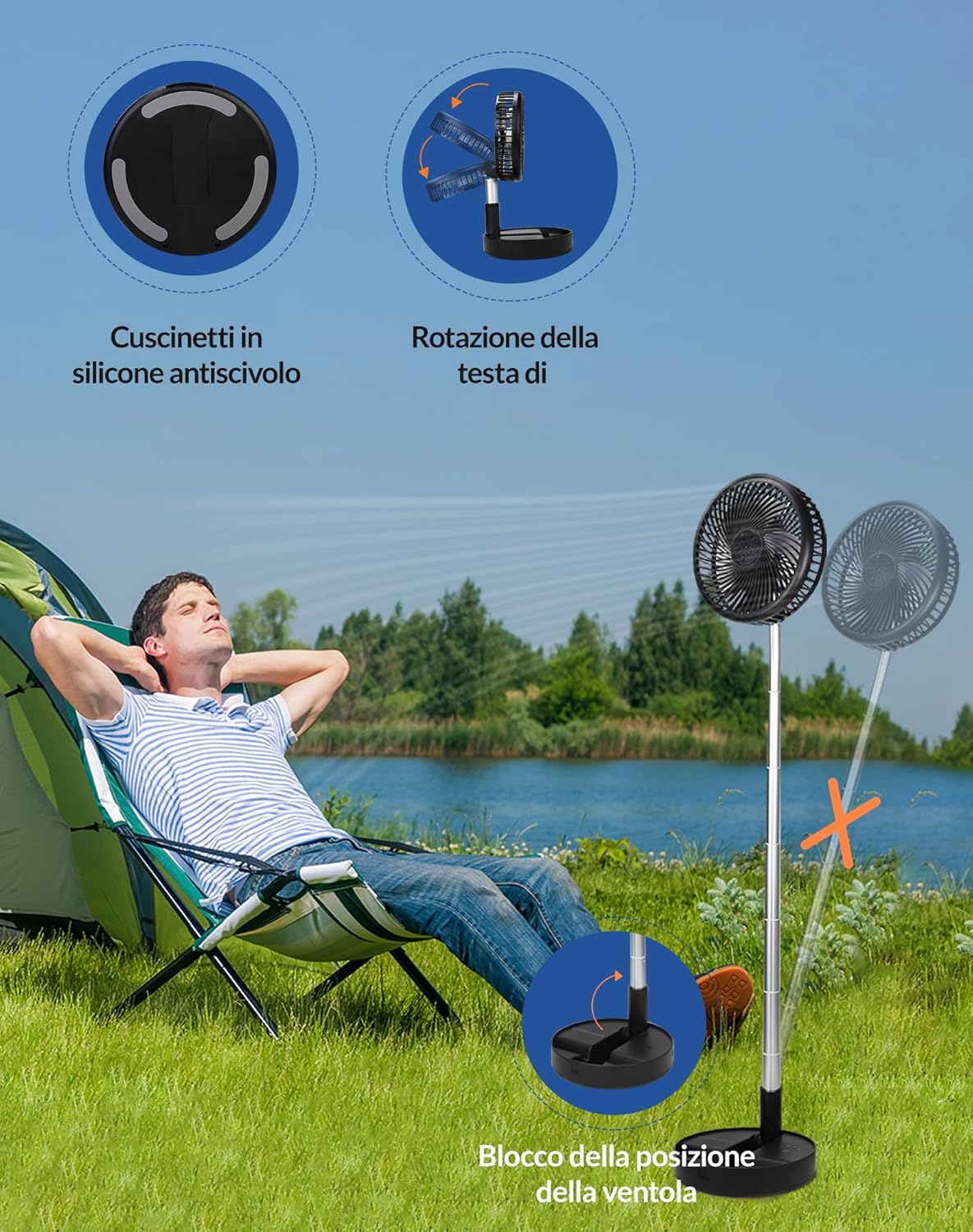 Close-up of Primevolve PF11R fan base showing anti-slip pads, head rotation, and position lock.