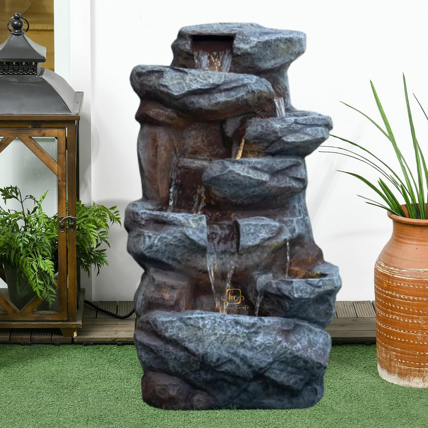 Holiness Craft Cascading Rock Waterfall Fountain, Indoor Outdoor Decorative Water Feature, Grey Stone Finish with LED Lights and Water Pump-image-37