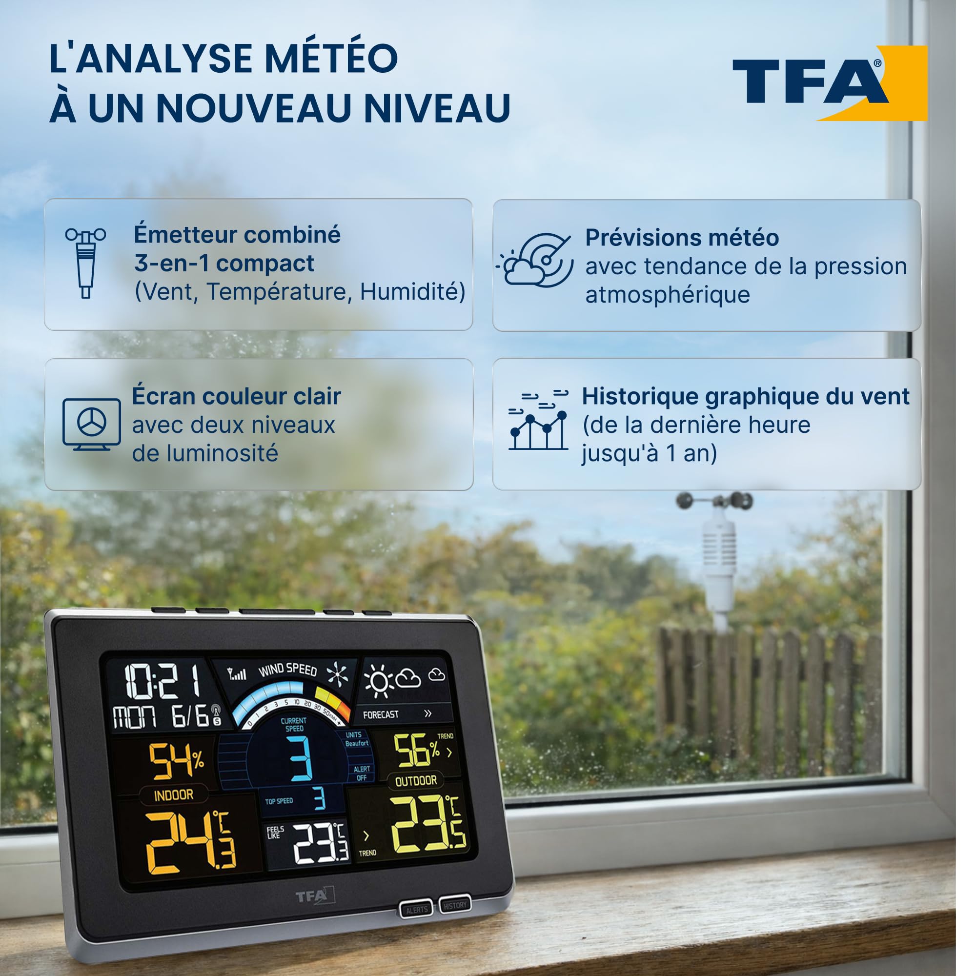 TFA Dostmann Station météo sans fil Spring Breeze, 35.1140.01, avec anémomètre, pression atmosphérique, avec écran couleur, prévisions météo avec limites d'alarme/symboles, noir