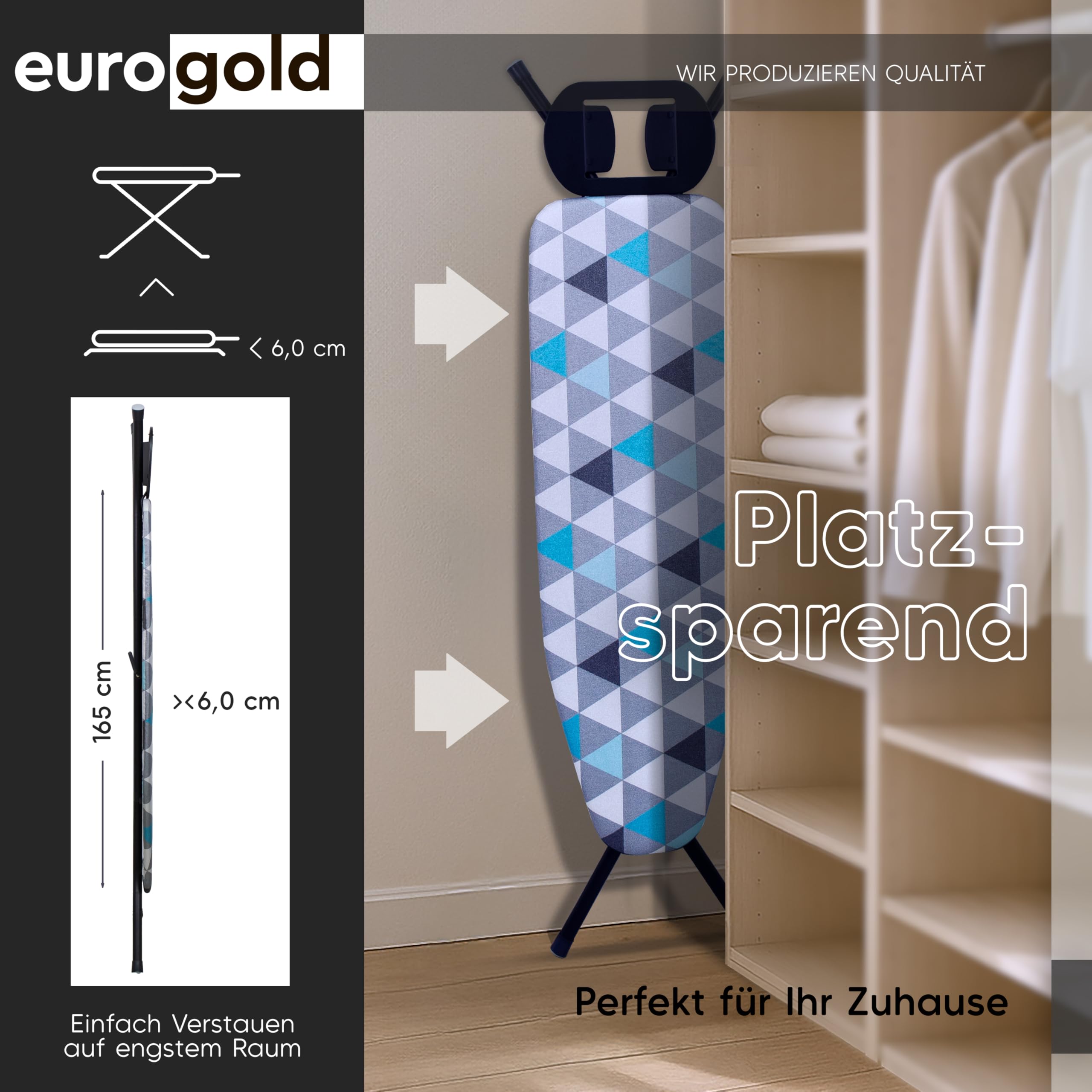 EUROGOLD® Bügeltisch 120x38 cm – Bügelbrett höhenverstellbar, stabil & kompakt klappbar, metallisierter Bezug für schnellere Hitzereflexion, große Bügelfläche, Made in Europe, Lagune
