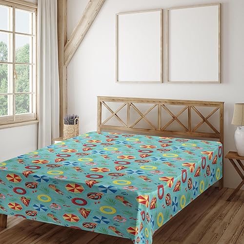 Miniatura 2 de Ambesonne Pool Party Flat Sheet, Summer Pool Doodle of People on Funny Swim Float Rubbers Happy Boys and Girls, Soft and Comfortable Top Sheet