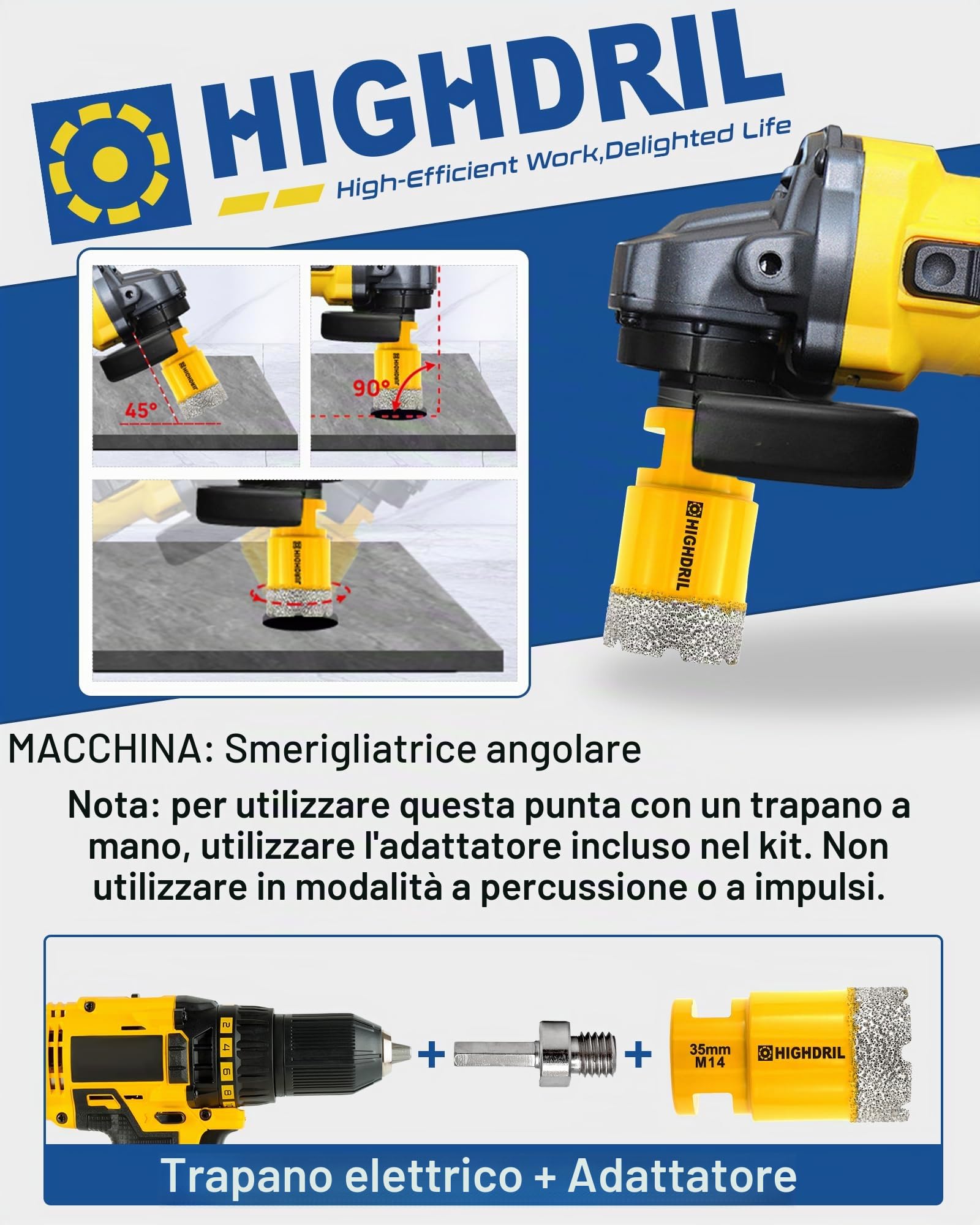 HIGHDRIL Sega a Tazza Diamantata 12 Pezzi-Punta Diamantata 6/8/10/25/35/50/68/110mm con Fresa Smussatura 50mm,Fresa Dito 20mm,Adattatore,Disco per Piastrelle,Porcellana,Ceramica,Granito,Marmo