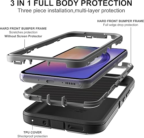 Miniatura 4 de Funda para Samsung Galaxy A54 5G, 3 en 1, protección resistente a prueba de golpes con 2 protectores de pantalla de vidrio templado, (negrogris)