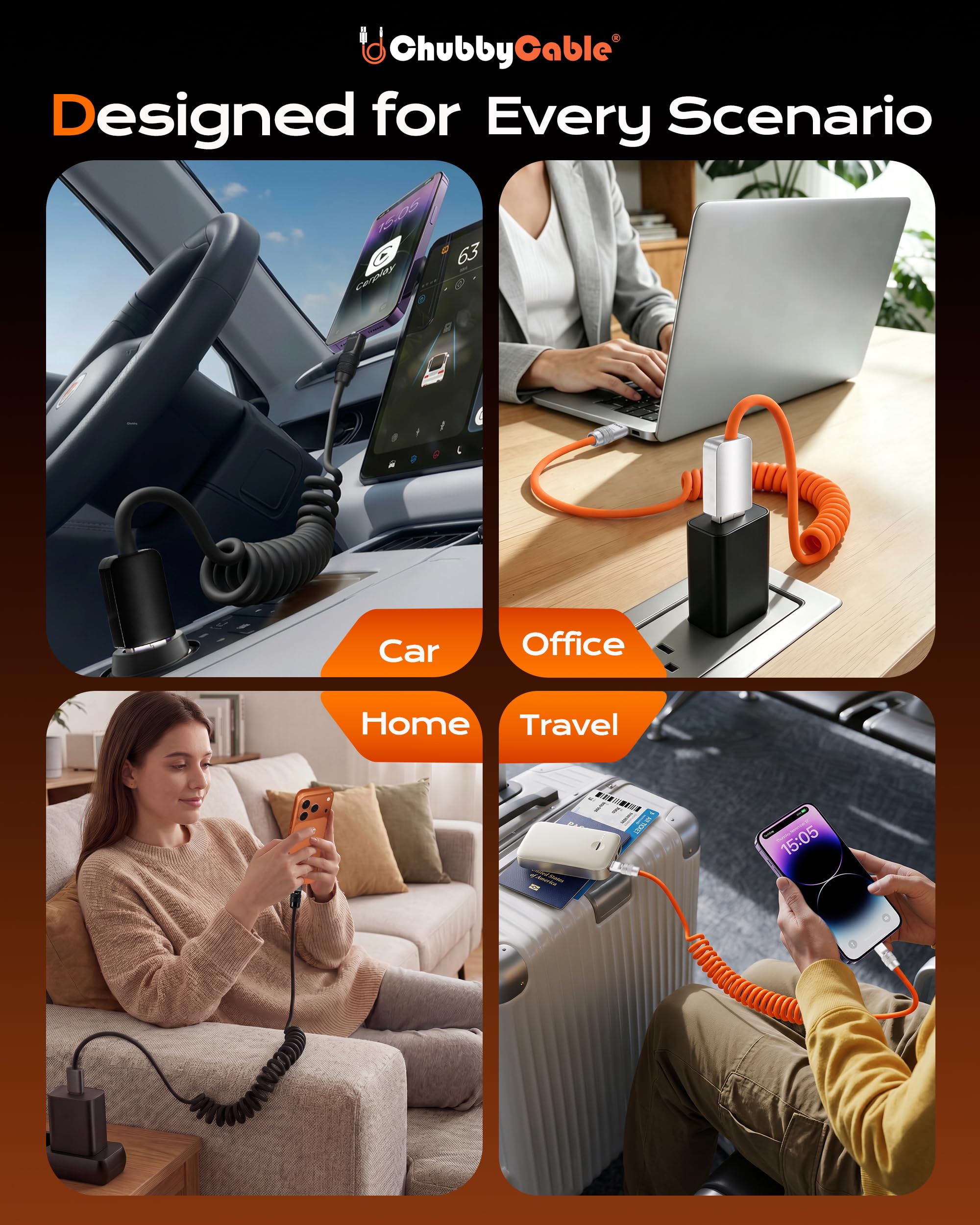 chubbycable Curly Chubby - Cavo USB C a spirale in silicone da 240 W, confezione da 2 [240H Sag-Free] Cavo di ricarica rapida a spirale per auto, cavo di ricarica retrattile per Android Auto e CarPlay