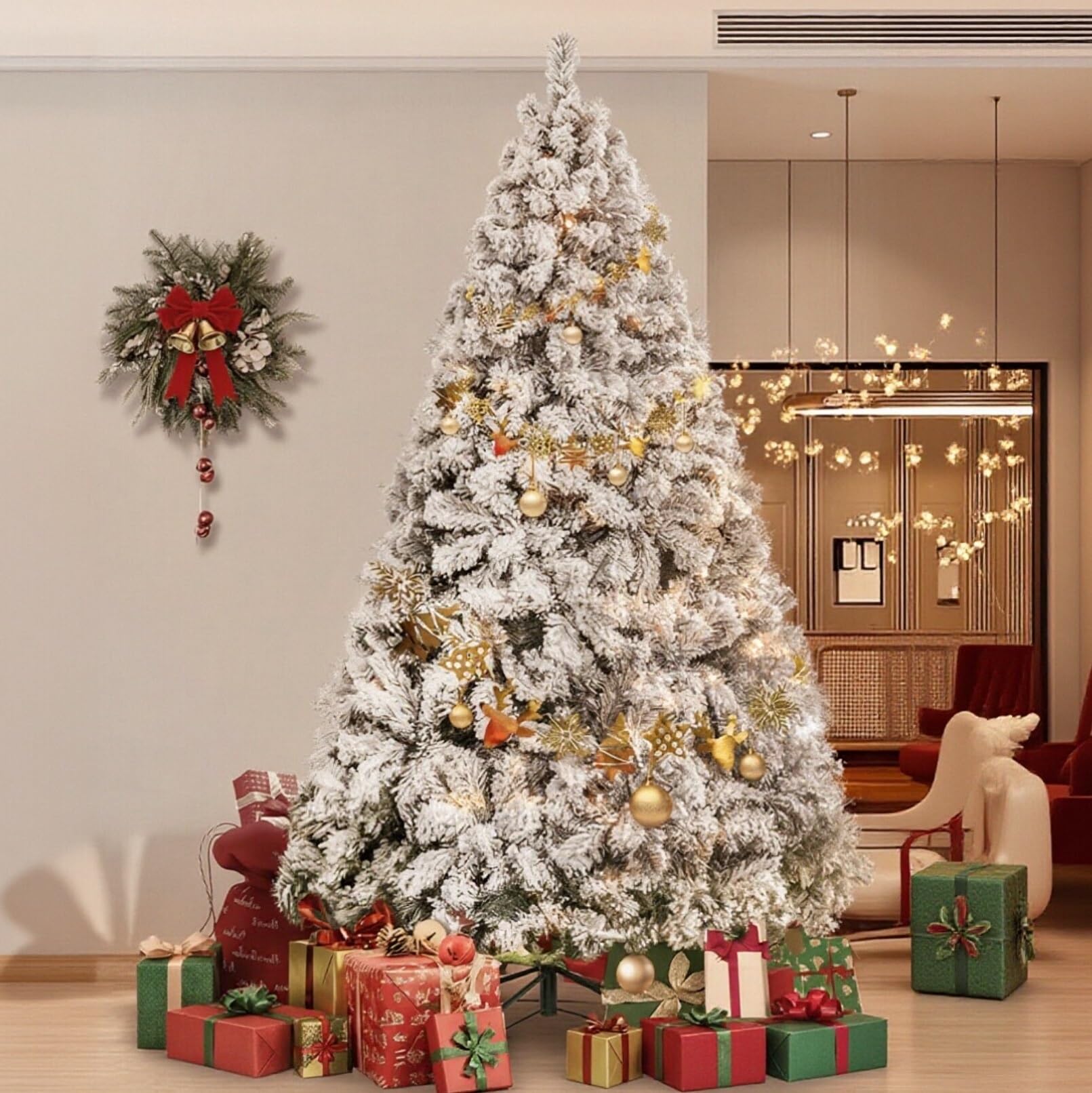 Weihnachtsbaum Künstlich 180 cm mit Schneezauber, Realistisches Naturgetreuer Tannenbaum mit Ständer, Weiß Flock Nordmanntanne 1000 Dichte Zweige, Christbaum Weihnachtsdeko
