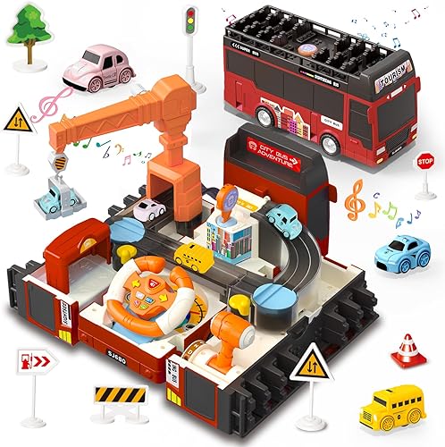 Dwi Dowellin Juguete de autobús con luz de sonido para niños, simulación de volante, juguetes de construcción para niños pequeños de 4 a 8 años,