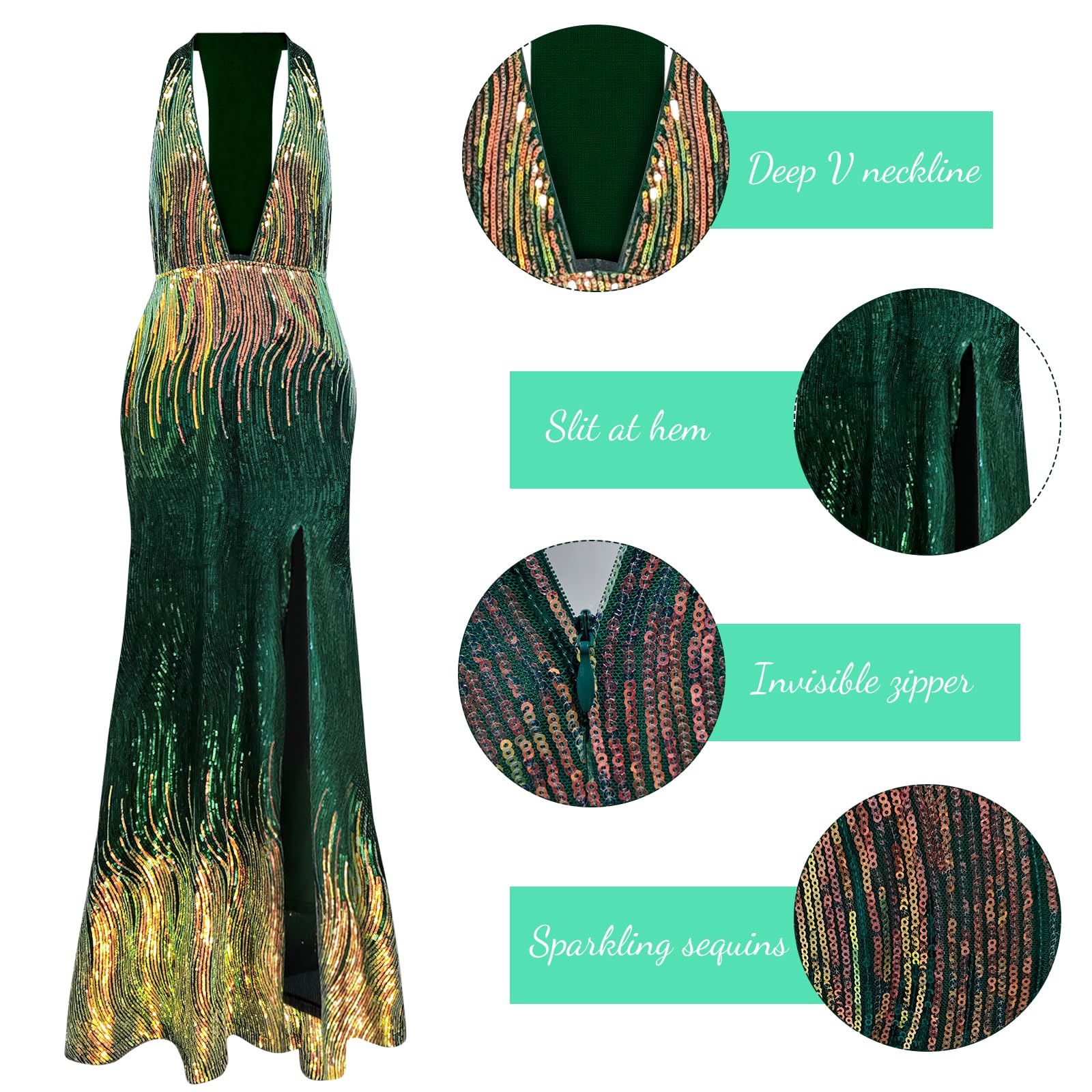 PLULON Damen 1920er-Jahre-Pailletten-Flapper-Kleider, sexy V-Ausschnitt, Gatsby-Cocktailkleid mit 20er-Jahre-Accessoires-Set (grün)