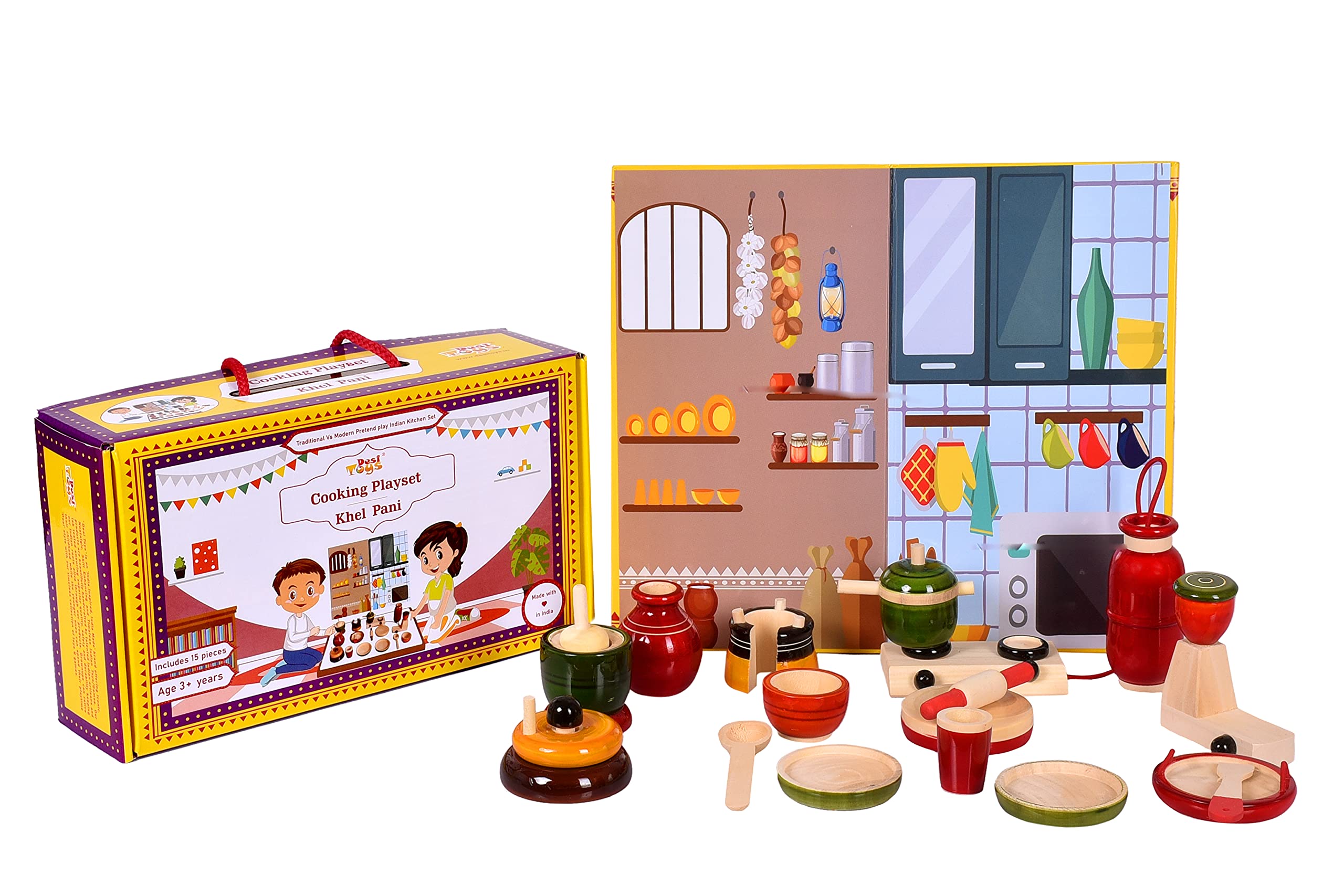 Desi Toys Wooden Kitchen Pretend Play Set — 15-Piece Miniature Cooking Playset | Bhatukali Traditional Indian Toys | Vintage Wooden Kitchen Collectible | Classic Home Decor Showpiece | Made in India (B08F2JD5CM) Amazon Price History, Amazon Price Tracker