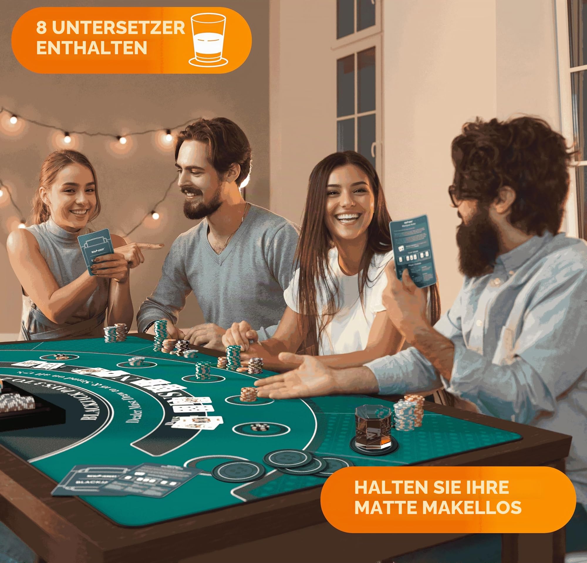 Newverest Blackjack Tischmatte 180 x 90 cm – Casino Tischauflage für Spielabende zu Hause mit Freunden | Poker- & Blackjack- Matte mit Reißverschlusstasche, 8 Untersetzer & Geschenkbox