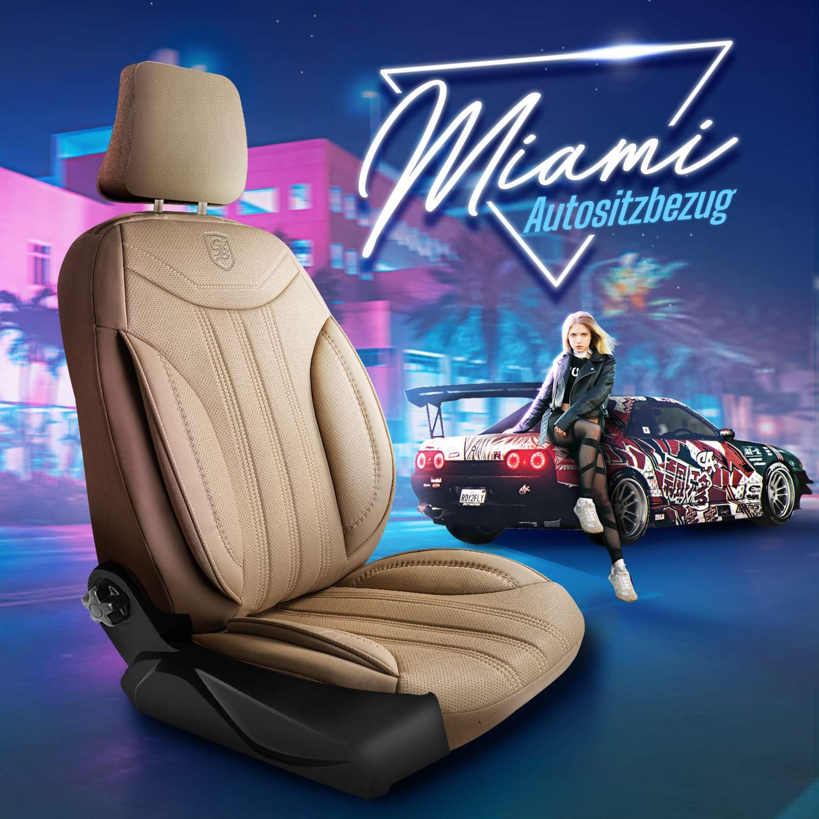 Coprisedili universali per auto e SUV – Premium coprisedili anteriori in pelle, Beige, supporto airbag, protezione per auto, set completo incluso kit di montaggio