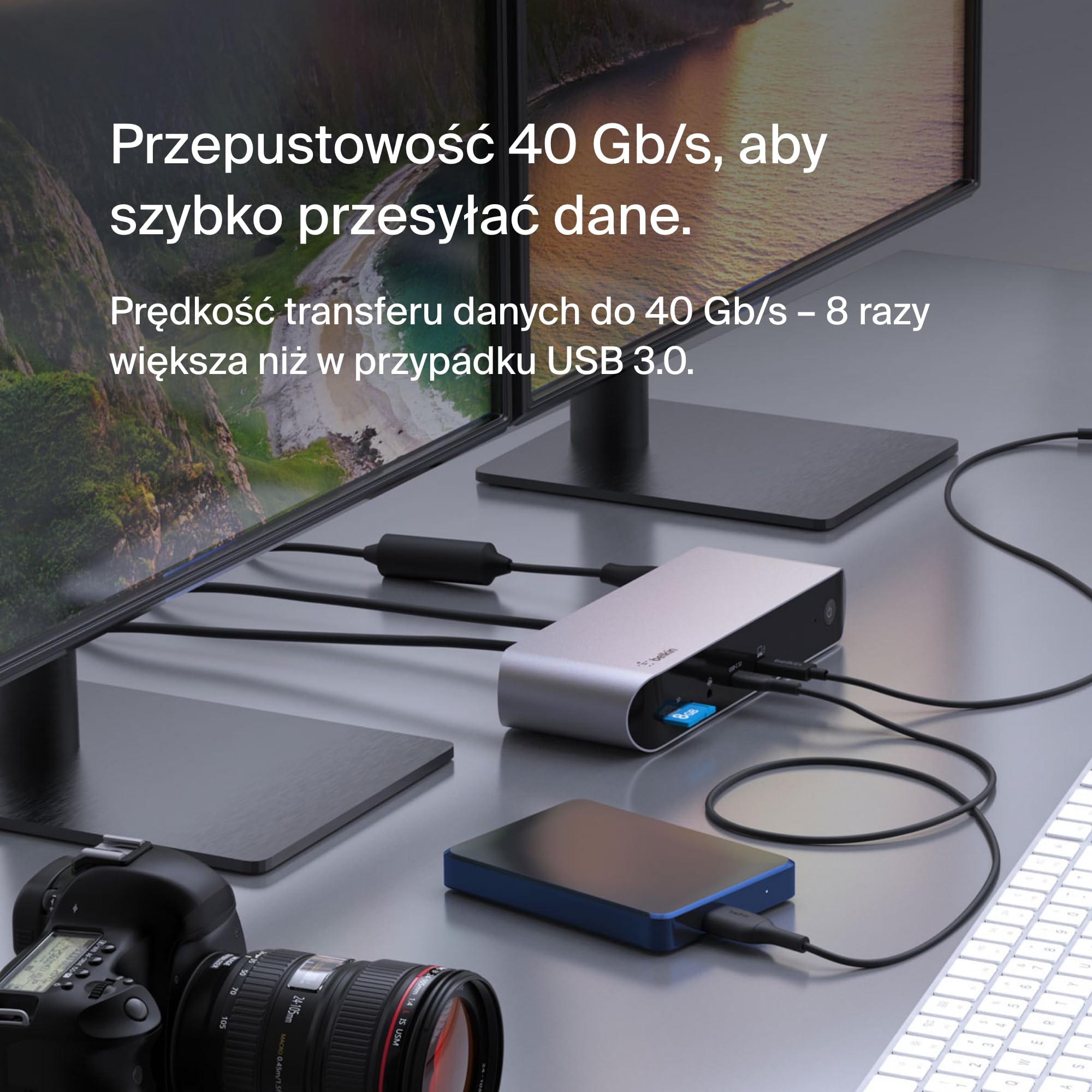 Belkin Thunderbolt 4 Dock Pro, odpowiedni dla 1 monitora (8K @ 60Hz) lub 2 monitorów (4K), 2 porty Thunderbolt 4, 2 porty HDMI, 90W PD, wejście/wyjście audio, w tym MacBook Pro i XPS, Szary