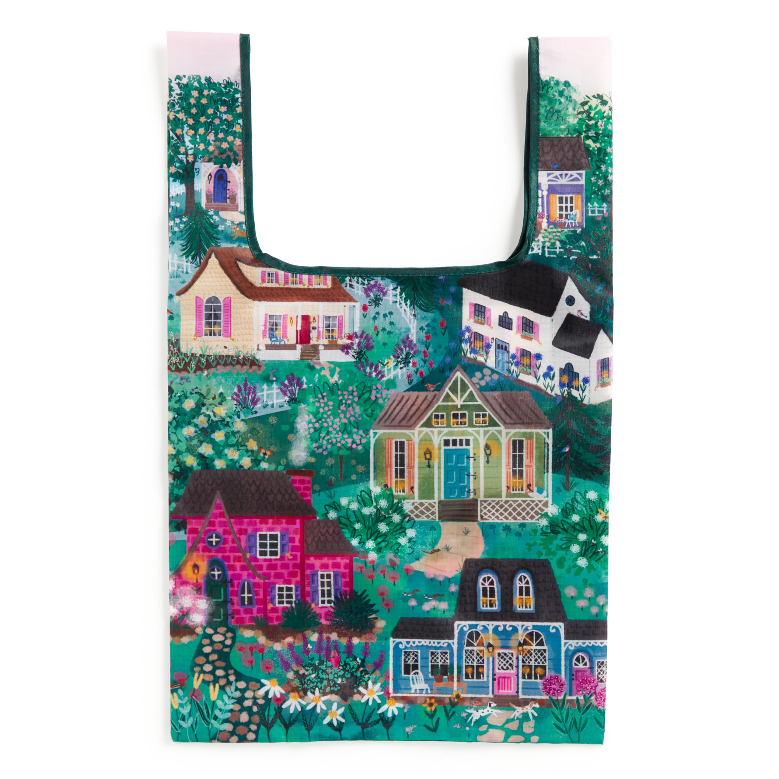 Galison Cottage Hills – Packable Nylon Reusable Tote Bag Eco Friendly Perfect For Groceries And Travel