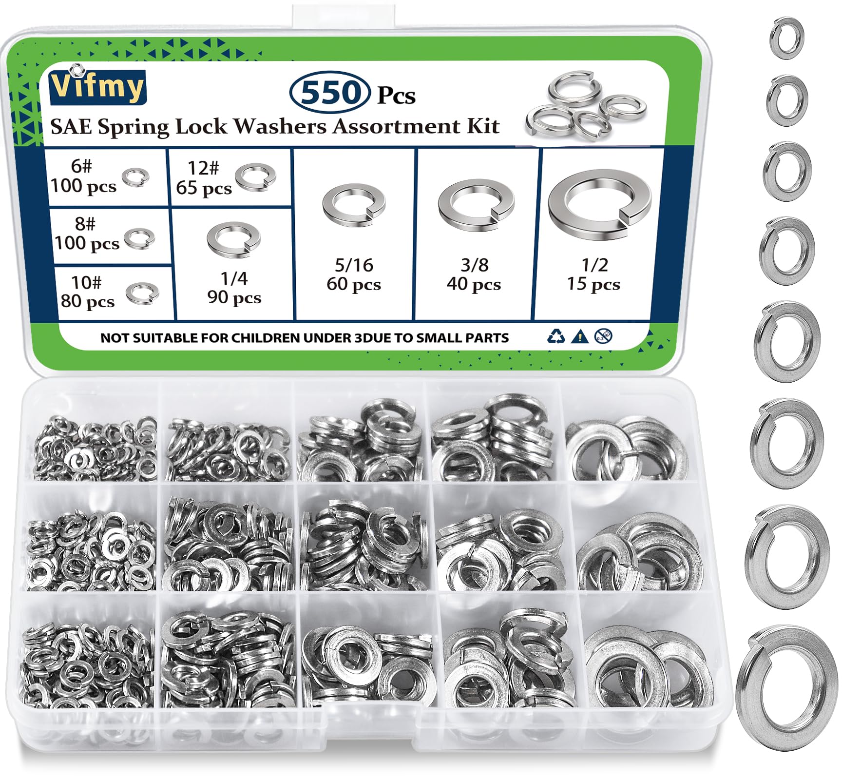 Vifmy SAE Spring Lock Washers Assortment Kit(550 Pack), #6#8#10#12 1/4" 5/16" 3/8" 1/2" SAE Split Lock Washer Set, 304 Stainless Steel Lock Washers
