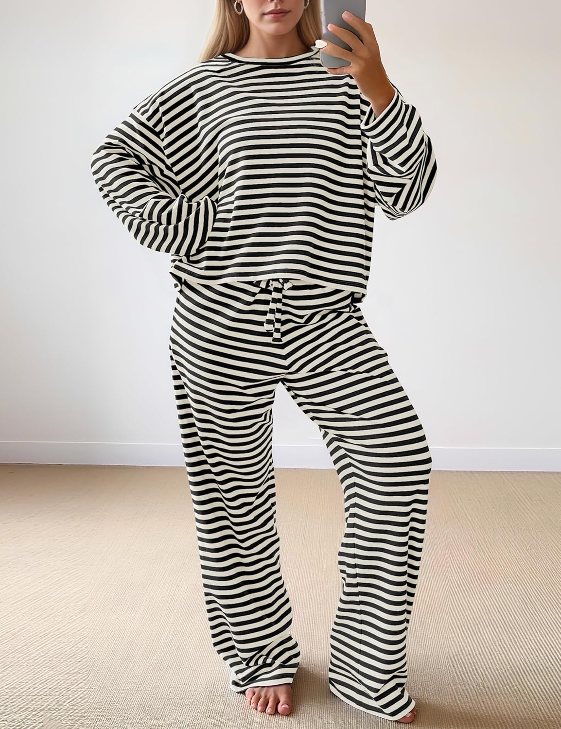 Ythomm Striped Pajamas Womens 2 Piece Sets Long Sleeve Tee Shirts Drawstring Wide Leg Pants Matching Sets Fall Lounge Outfits - Image 2