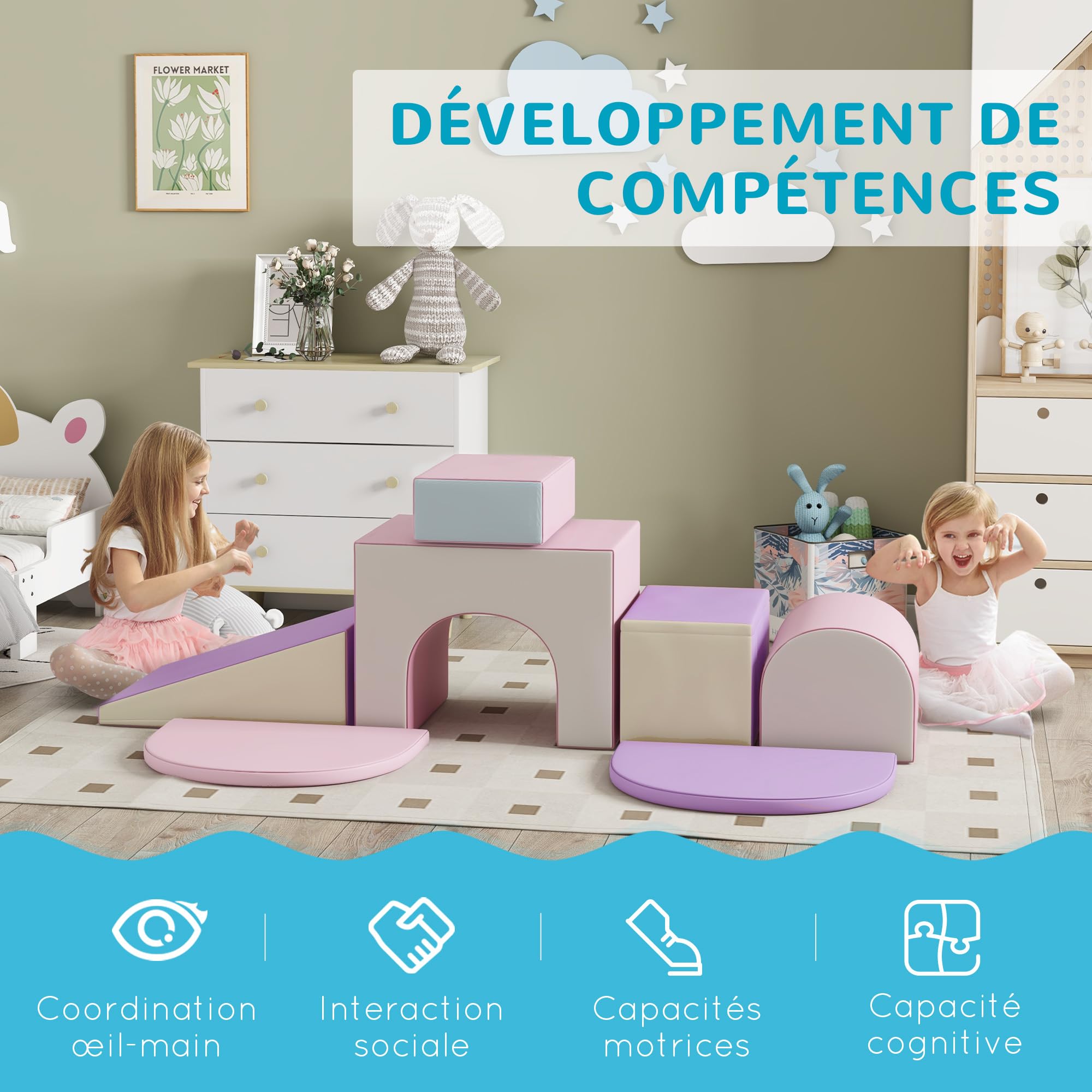 HOMCOM 7PCS Modulo motricità bébé parcours motricité bébé blocchi da costruzione in schiuma EPE con rivestimento sintetico - giocattoli educativi per bambini in età prescolare, multicolore