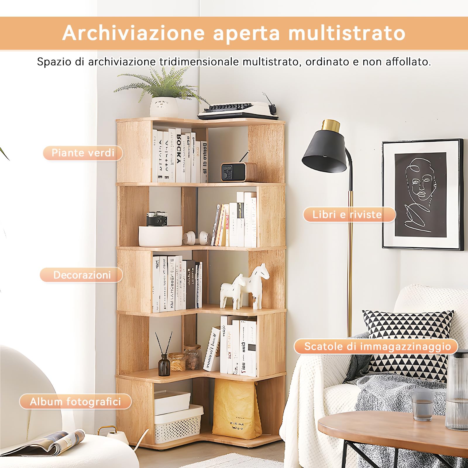 3 livelli Libreria Angolare, Libreria d'angolo, Legno libreria a L, Libreria da Parete, Risparmia Spazio, Scaffale Angolare per soggiorno, camera da letto, ufficio, studio, Colore del Legno