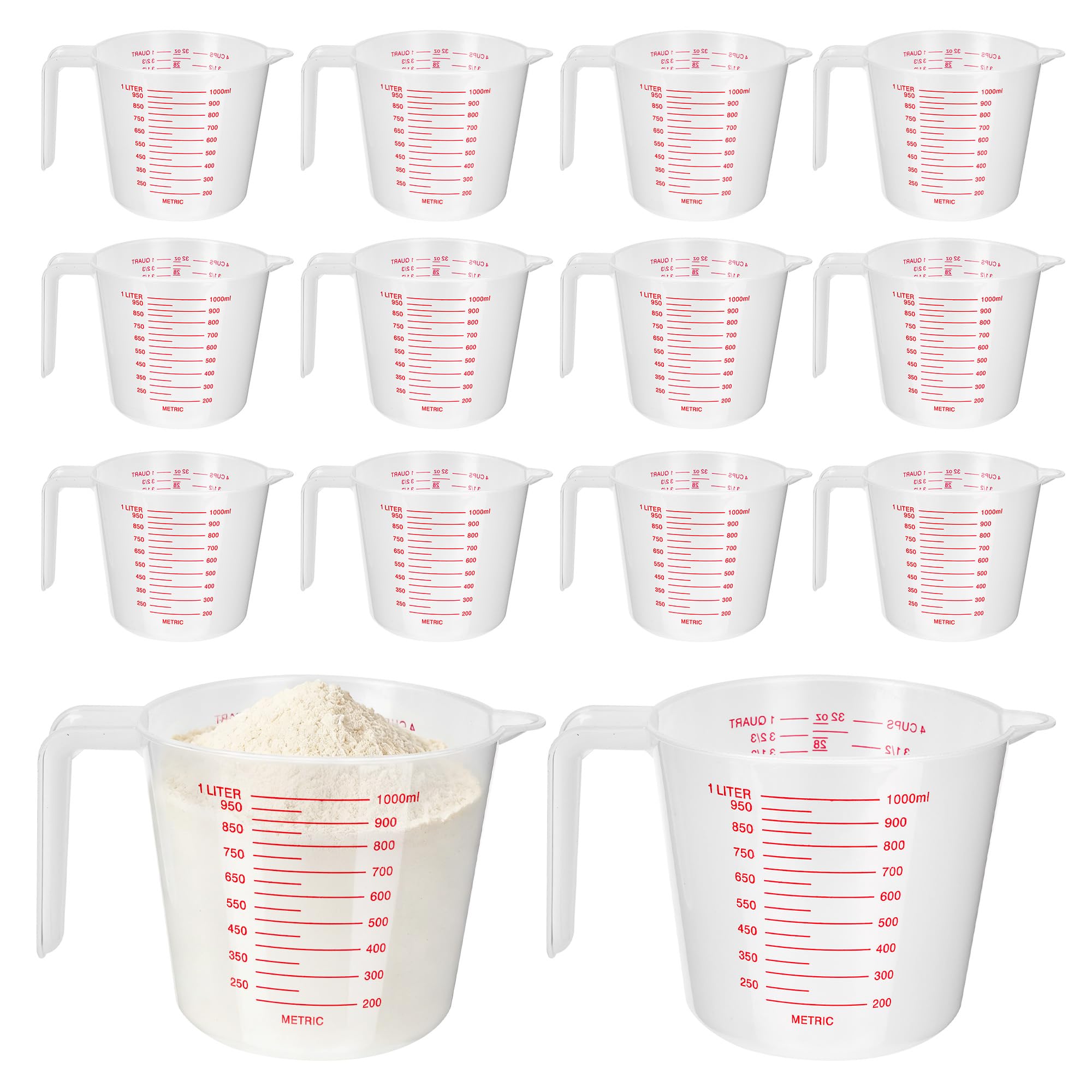 YKUKIZEE 14 PCS Plastic Measuring Jug with Handle 1000ML, Kitchen Measuring Jug with Scale, 1L Clear Liquid Graduated Beaker for Baking Cooking Mixing Cup Laboratory