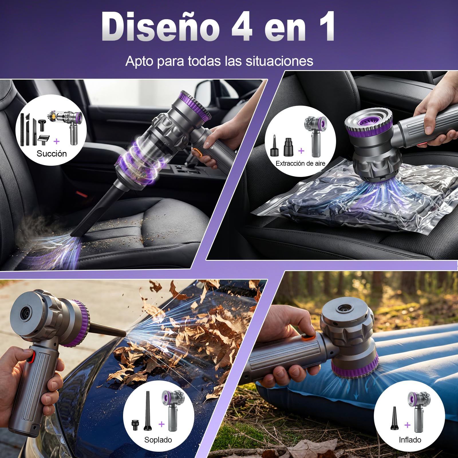 Aspiradora Coche Sin Cable Potente, 28000Pa Aspiradora de Mano Sin Cable Portátil Recargable, 4 en 1 aspiradora coche con Motor sin Escobillas, Ideal para Pelo de Mascotas, Coche, Camper - Plateado