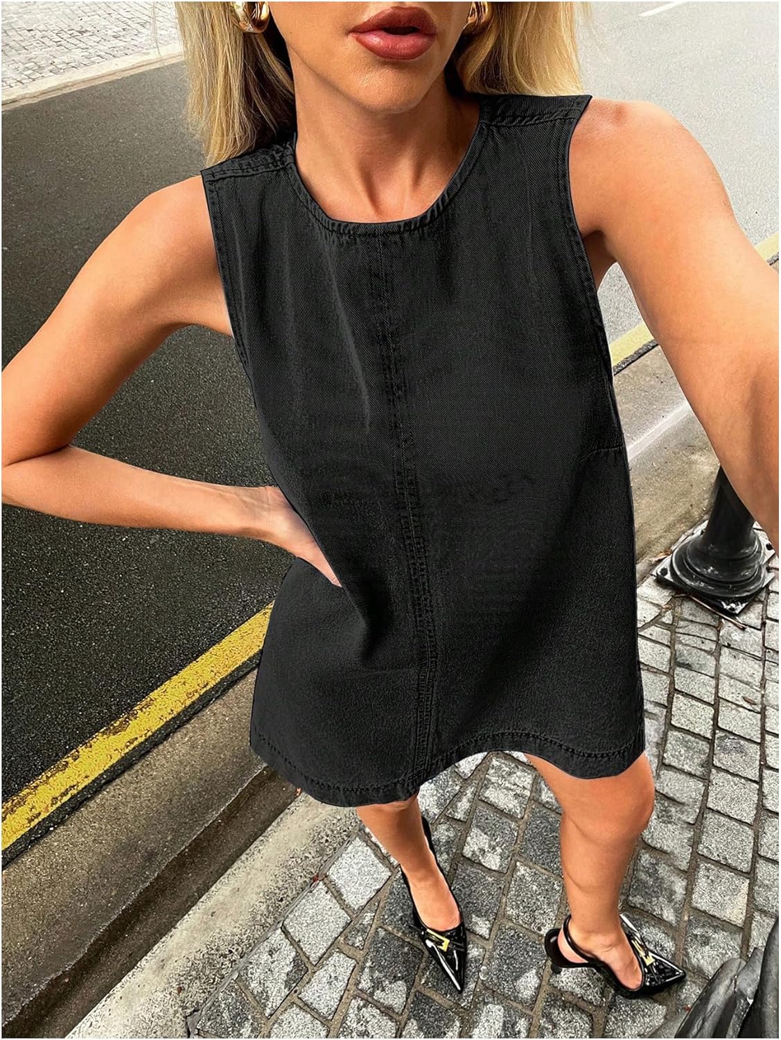 Milumia Women's A-Line Sleeveless Crew Neck Denim Dress Loose Casual Mini Jean Dresses - Image 5