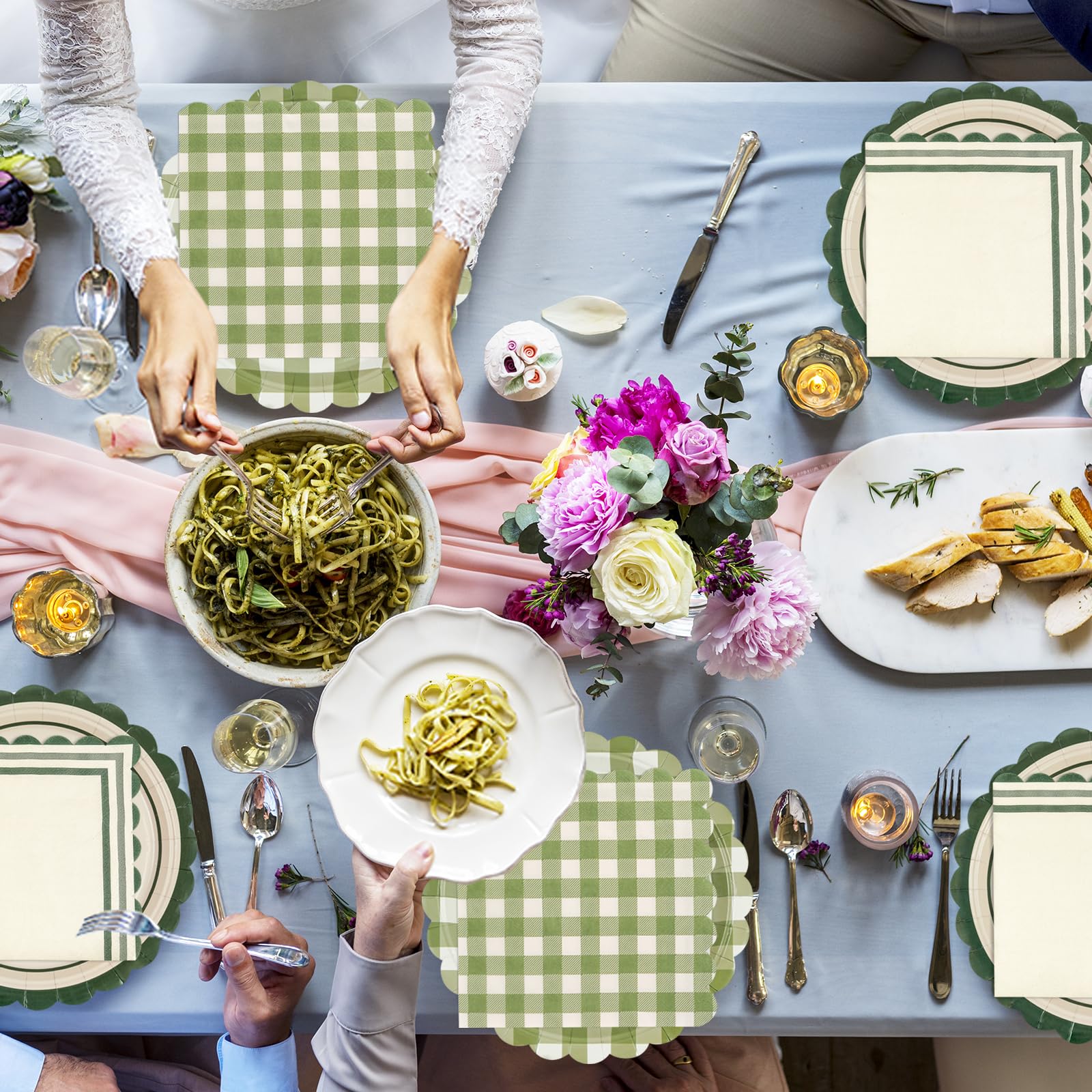 48 pezzi Salvia Gingham con bordo ondulato, piatti di carta e tovaglioli per compleanno, piatti di carta usa e getta con motivo a scacchi, piatti di carta decorativi Gingham, piatti di carta
