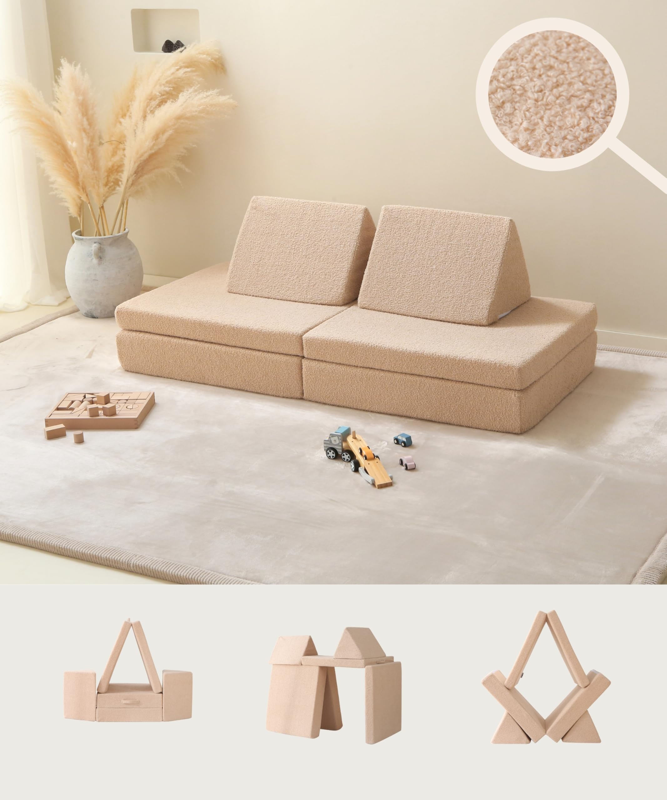 Hakuna Matte Divano modulare per bambini per gioco creativo e relax, 150 x 66 x 52,5 cm | Divano da gioco in morbido tessuto Teddy | Divanetto per cameretta con rivestimenti impermeabili e lavabili