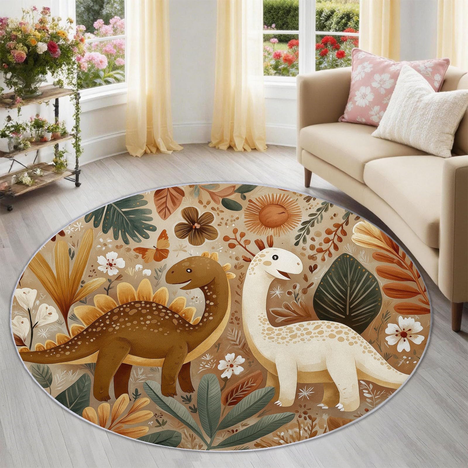 120 cm Dywan do salonu Dinozaury Kreskówki Zwierzęta Brązowe Rośliny z nadrukiem Okrągły Antypoślizgowy Dywan, Brązowy Antypoślizgowy Zmywalny Dywan Podłogowy Duży do przedpokoju, Sypialni, Kuchni
