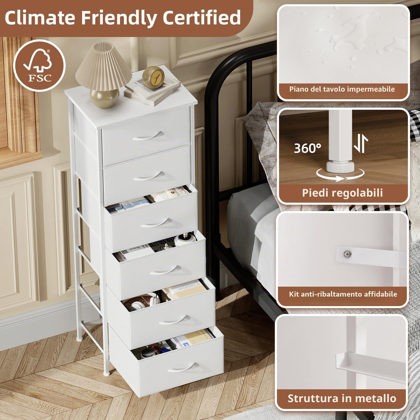 Somdot Cassettiera Camera da Letto in Tessuto, Mobiletto Salvaspazio, Settimino per Soggiorno, Studio, Cameretta, Ingresso, 30P x 42l x 115H (6 Cassetti), Bianco