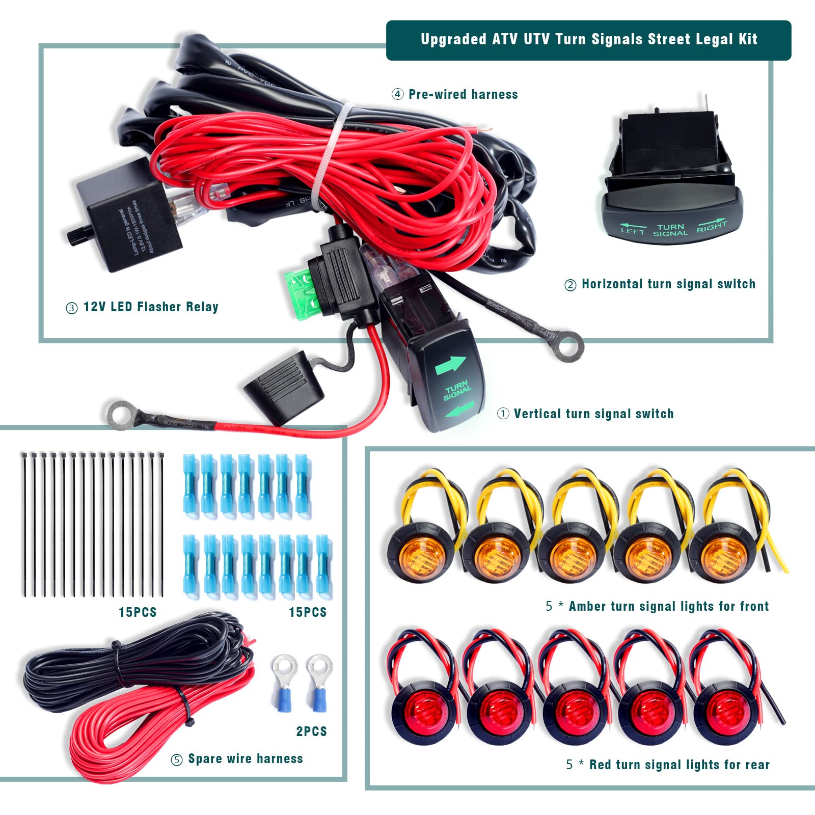 ATV UTV Turn Signal Kit with Turn Signal Rocker Switch Compatible with Polaris RZR Ranger Turbo