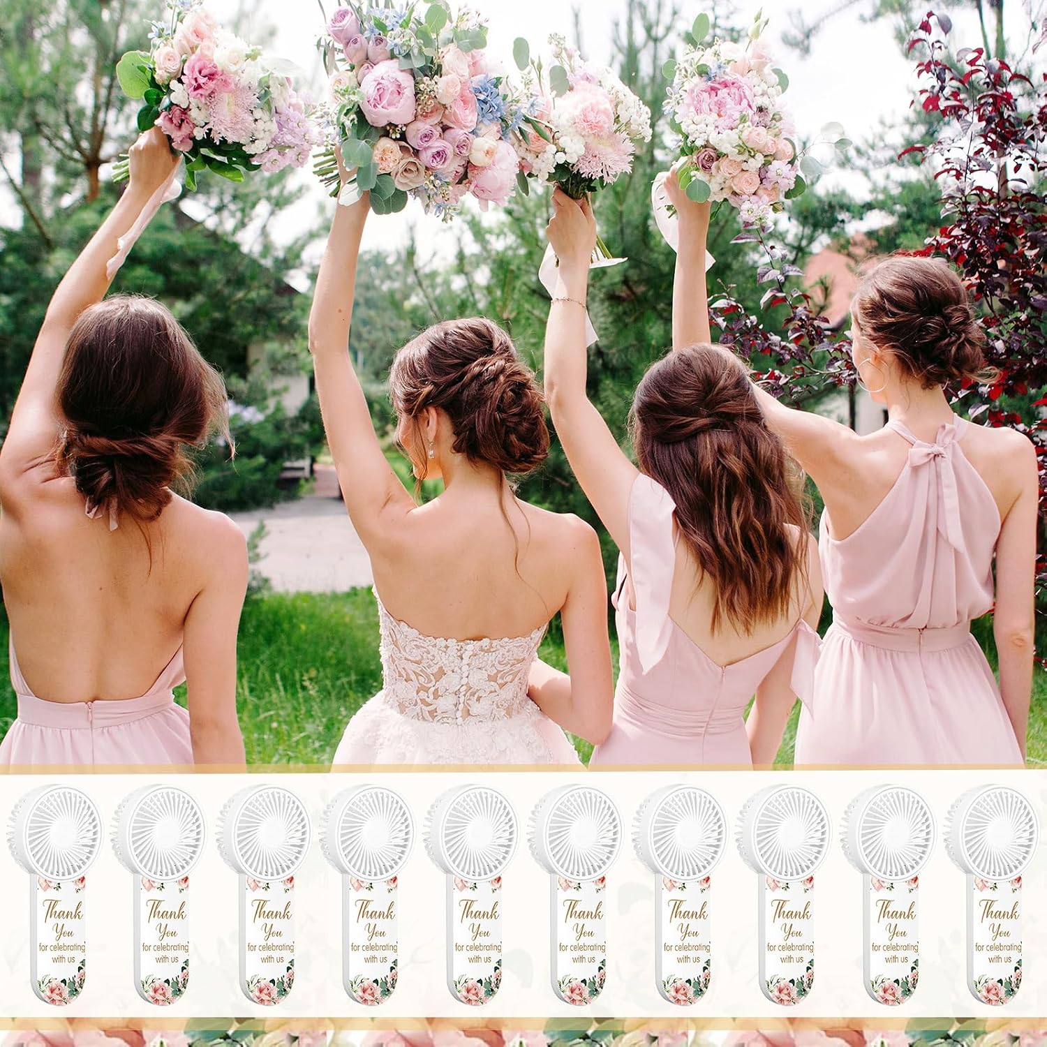 VIHOSE 50 Pack Wedding Fan Favors for Guests, Mini Handheld Fans Bulk, Battery Portable Party Gifts for Outdoor Ceremony, Bridal Shower, Baby Shower Birthday, Battery Not Include(Pink,Flower)