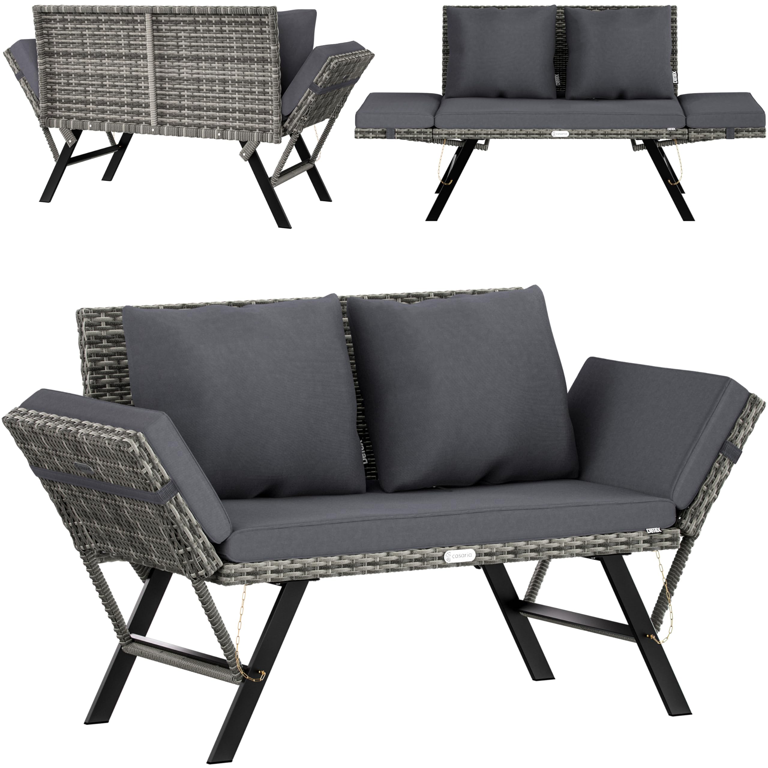 CASARIA® Polyrattan Garden Bench With Reclining Function | Includes Cushion | Adjustable Armrests | Weatherproof Outdoors Patio Terrace Balcony Sofa Couch Lounger | Grey