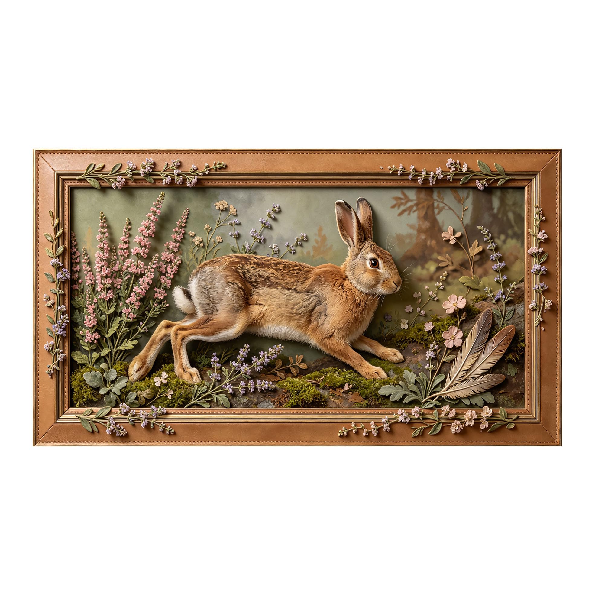 Murasolite 3D 3D Framed Wall Art 50cm×90cm Woodland Hare Botanical Pastoral Oil Painting SelfAdhesive Fabric Mural Wall Decor, Peel and Stick No Damage to Wall for Bedroom Living Room